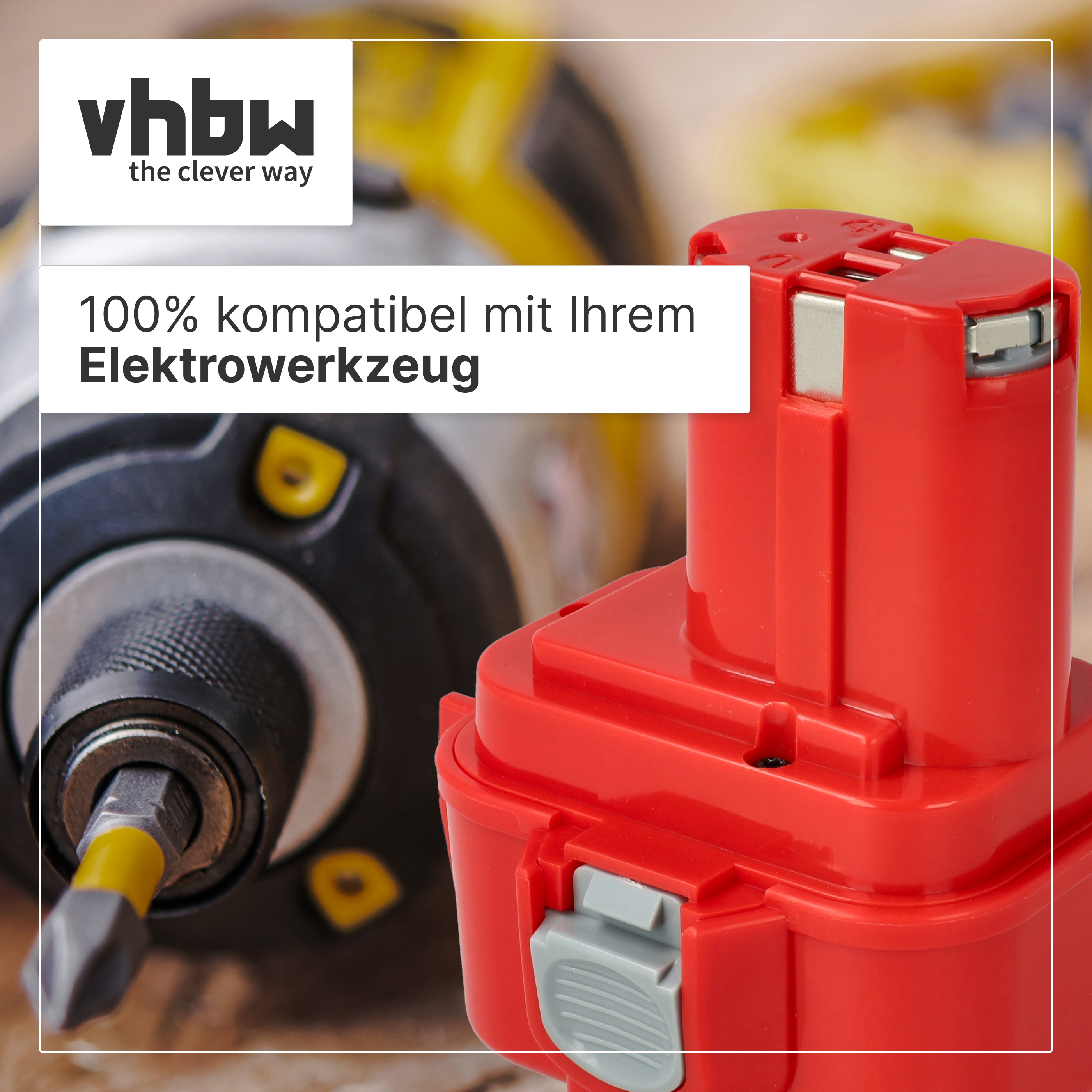 Roter Akku vor einer gelb-schwarzen Bohrmaschine mit Textoverlay.