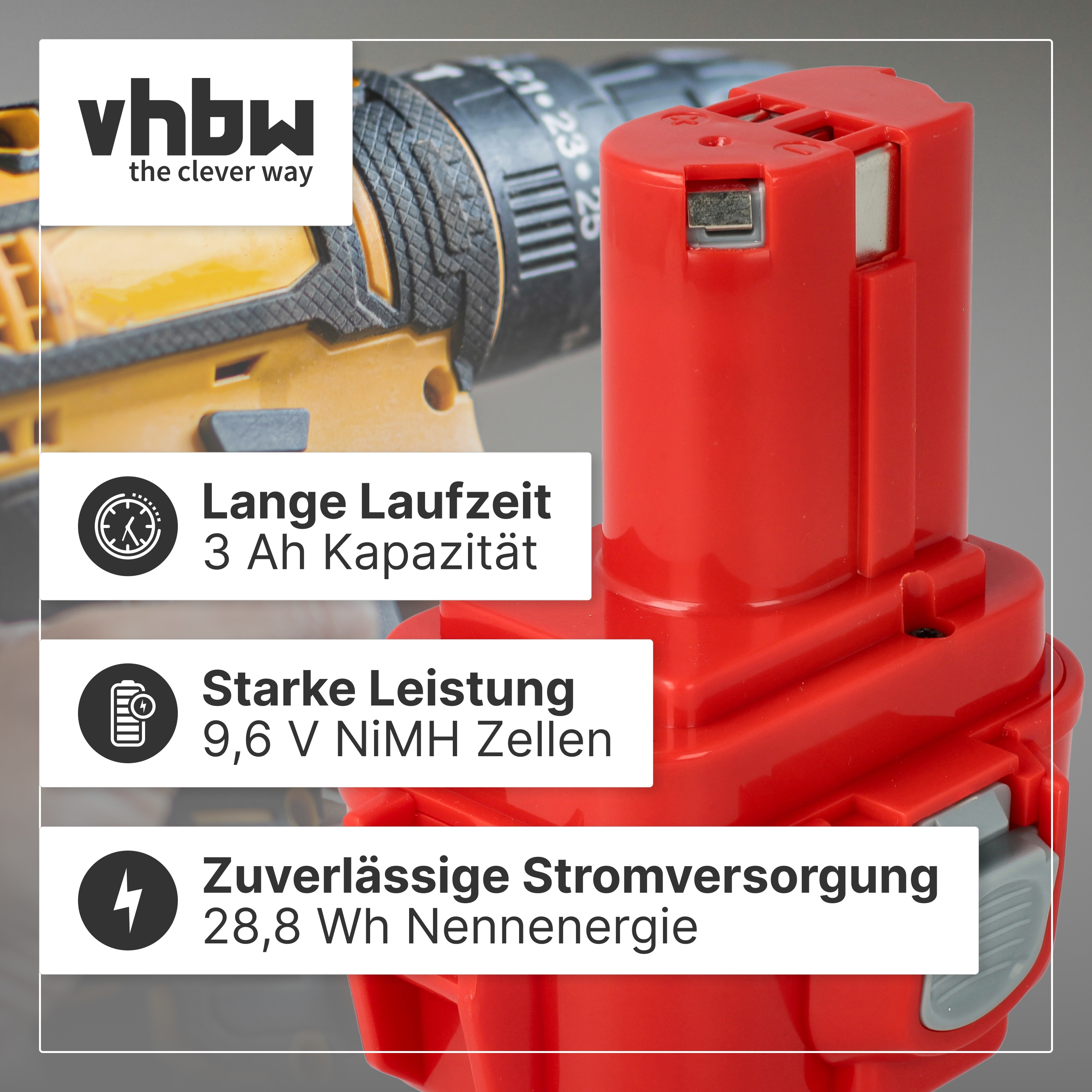 Roter Werkzeugakku mit Textfeldern und verschwommener Bohrmaschine im Hintergrund.