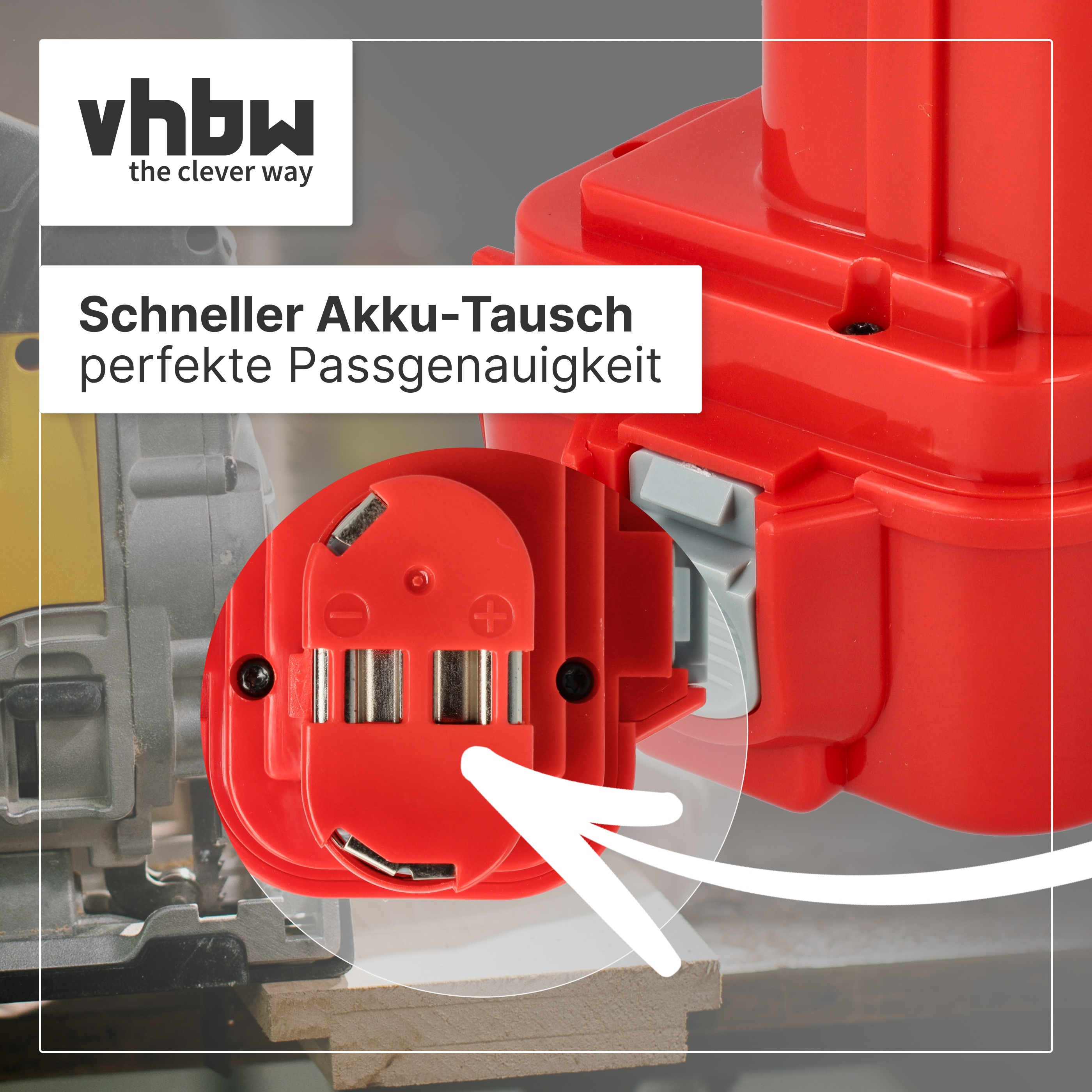Ein roter Elektrowerkzeugakku mit Nahaufnahme der Metallkontakte, neben einer Stichsäge.