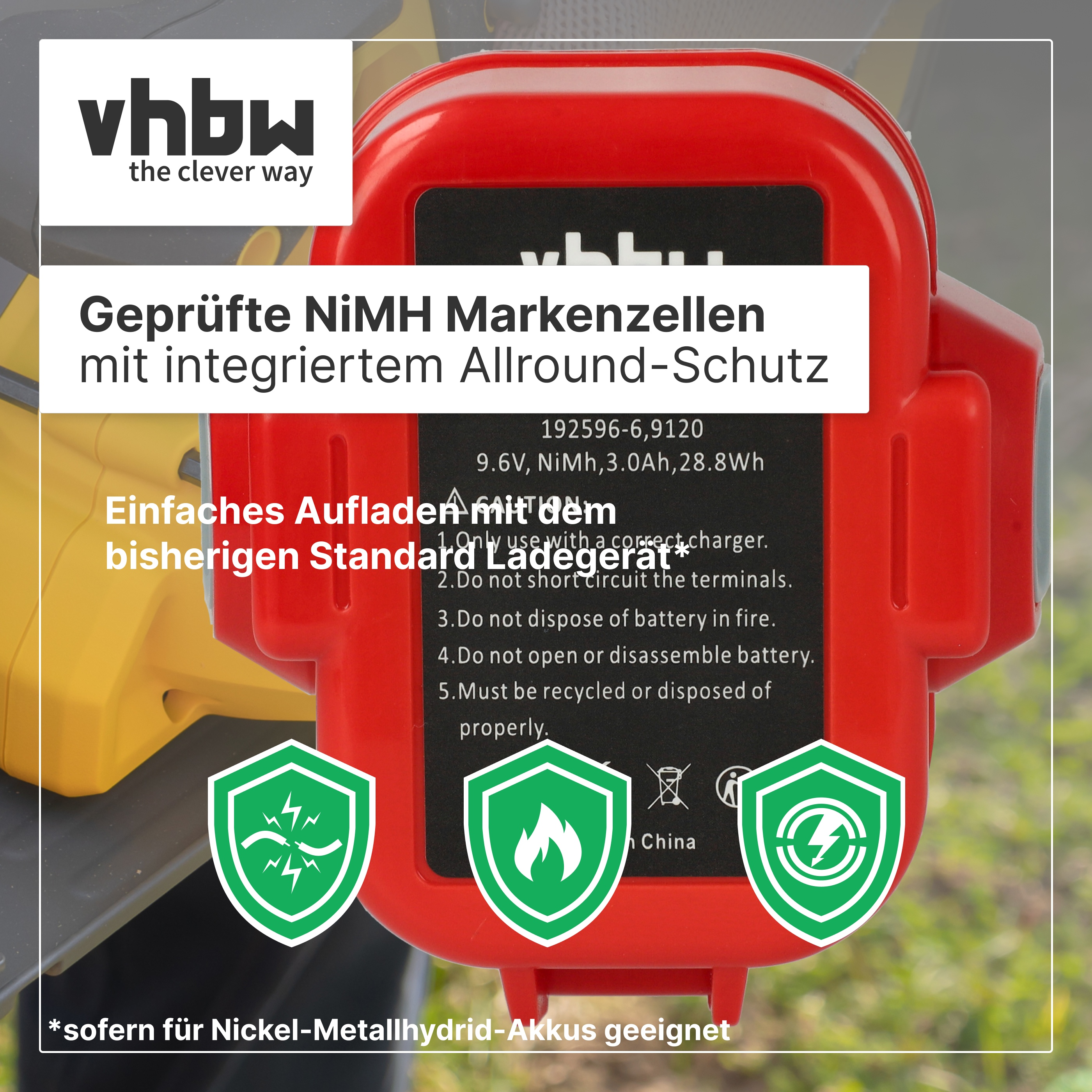 Roter NiMH-Akku mit vhbw-Logo und Schutzsymbolen auf gelbem Hintergrund.