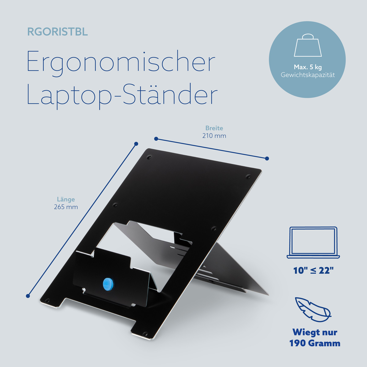 Ergonomischer Laptop-Ständer aus schwarzem Metall mit Maßen, Gewichtskapazität von 5 kg und für 10 bis 22 Zoll Laptops.