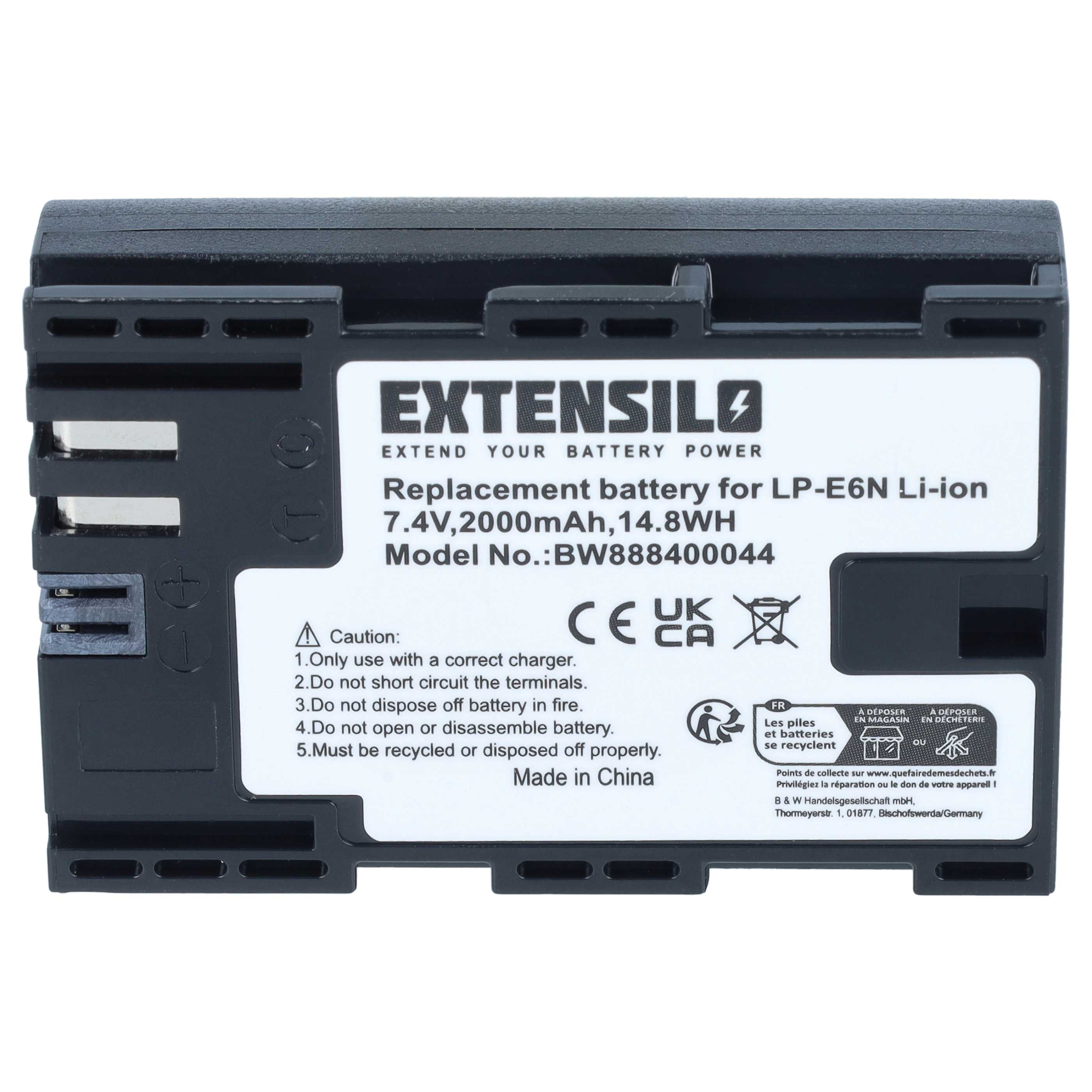 Schwarzer Extensilo Ersatzakku mit Etikett und technischen Daten.