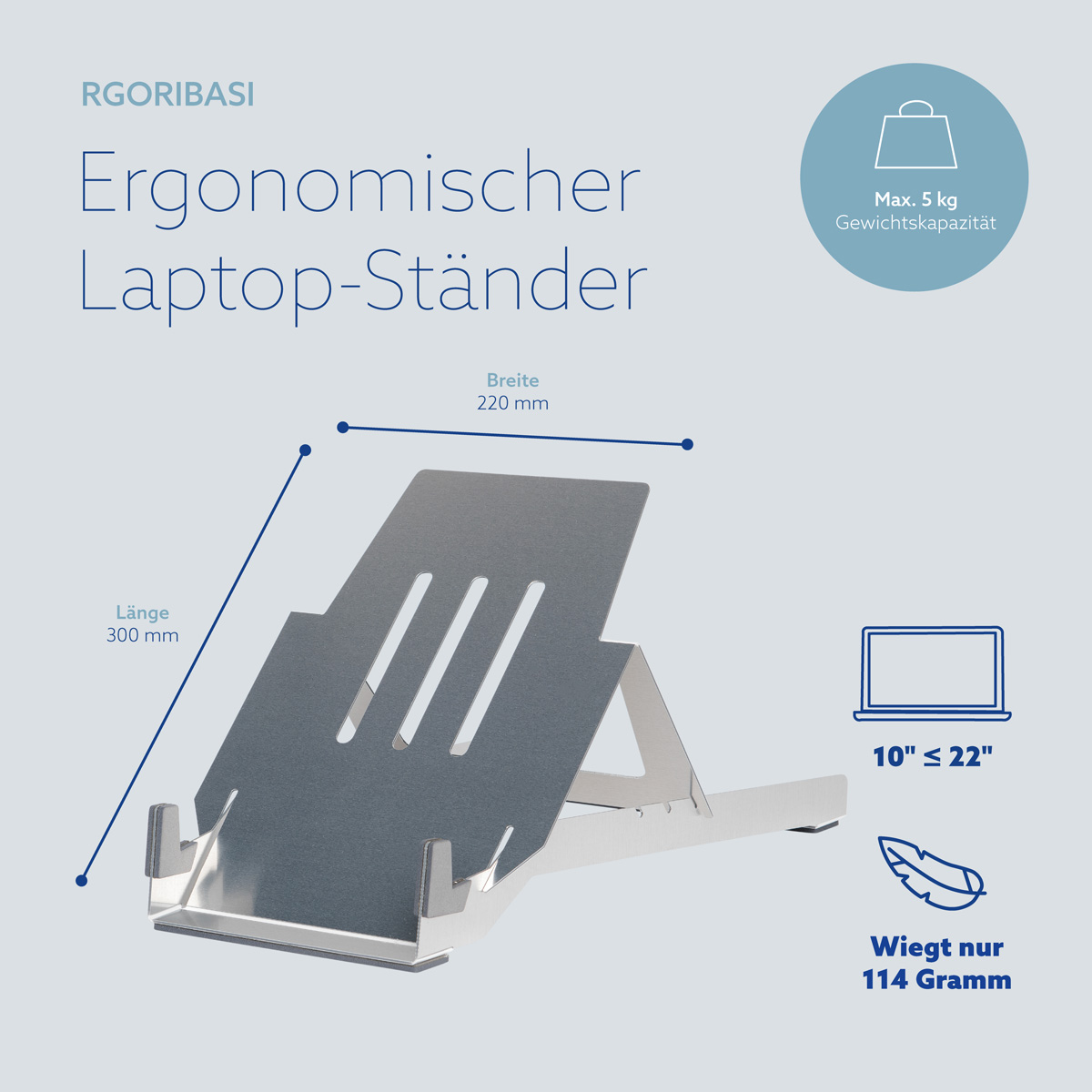 Ein ergonomischer silberner Laptopständer mit Maßen und Funktionen vor hellgrauem Hintergrund.