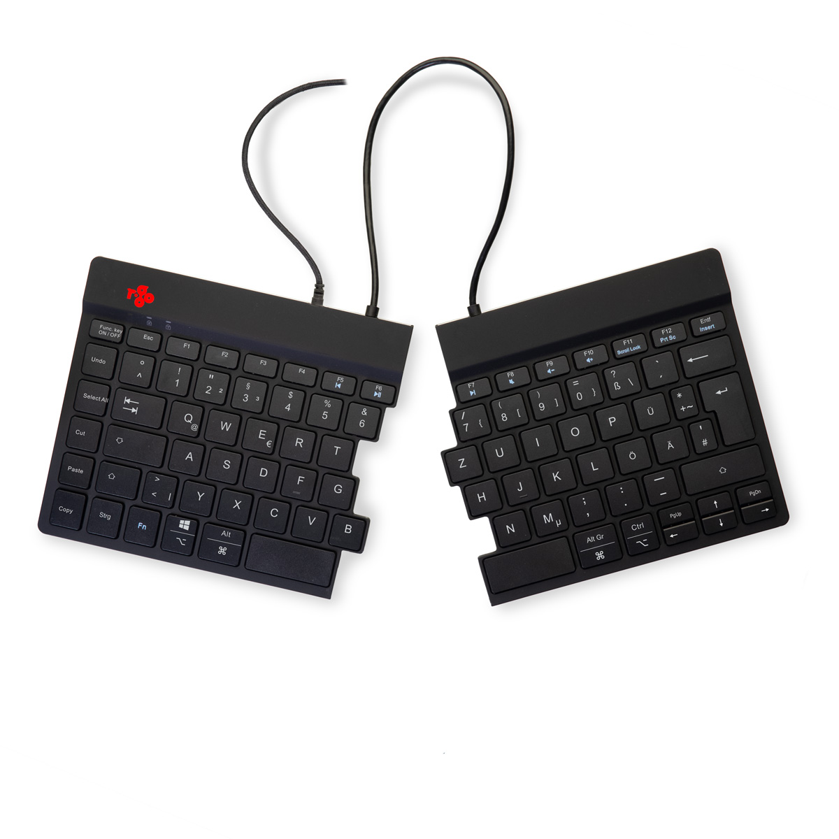 Geteilte schwarze Computertastatur mit zwei verbundenen Hälften auf weißem Hintergrund.