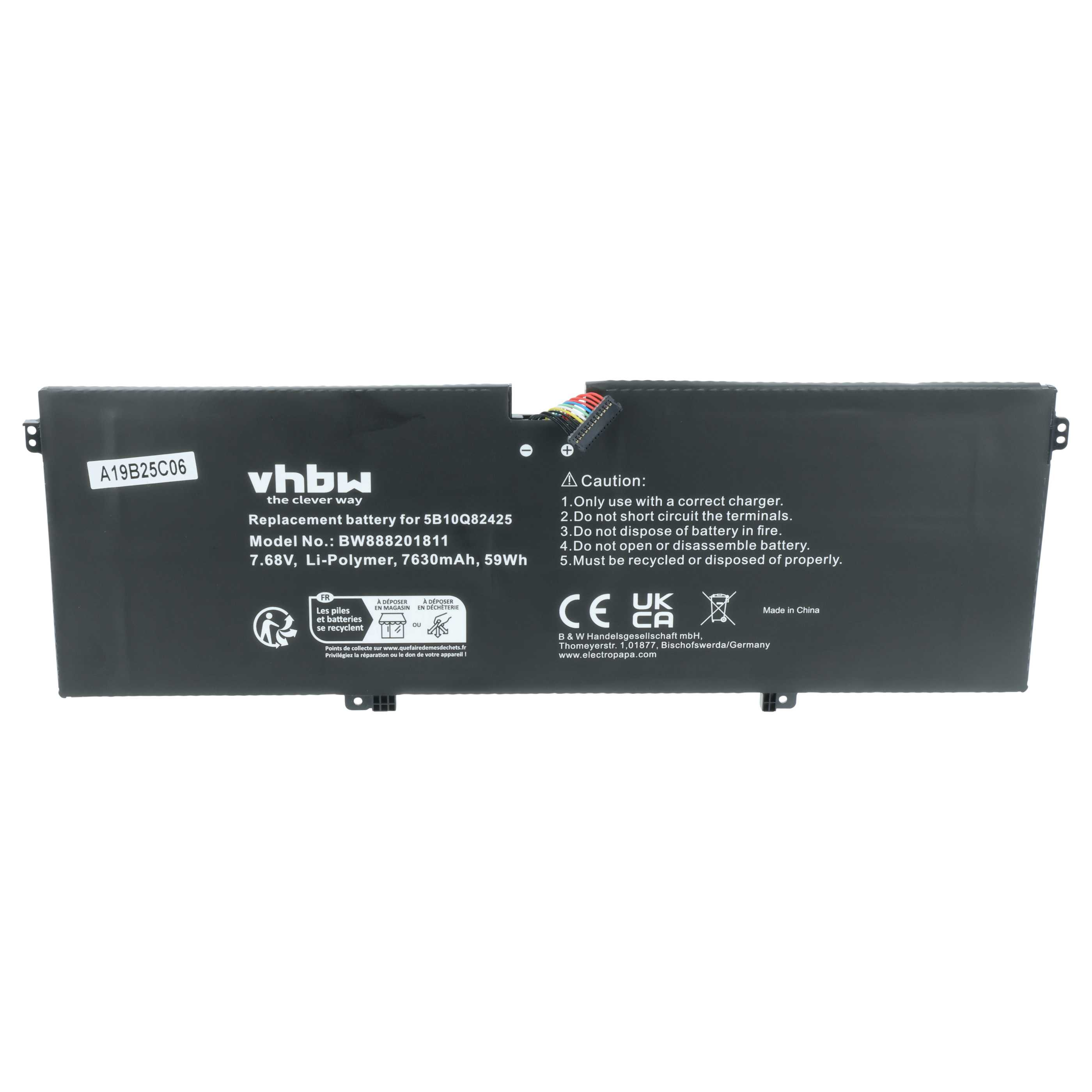 Schwarze Li-Polymer-Ersatzlaptopbatterie mit Text, Warnhinweisen und Anschlüssen.