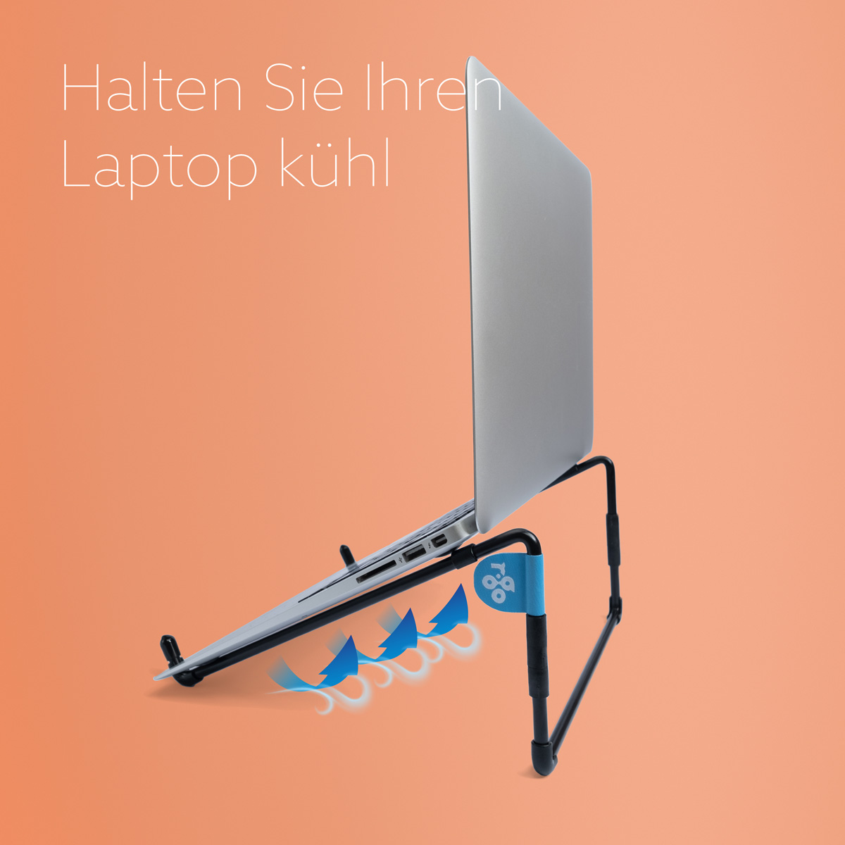A laptop on a black stand against an orange background, with blue arrows indicating airflow underneath.