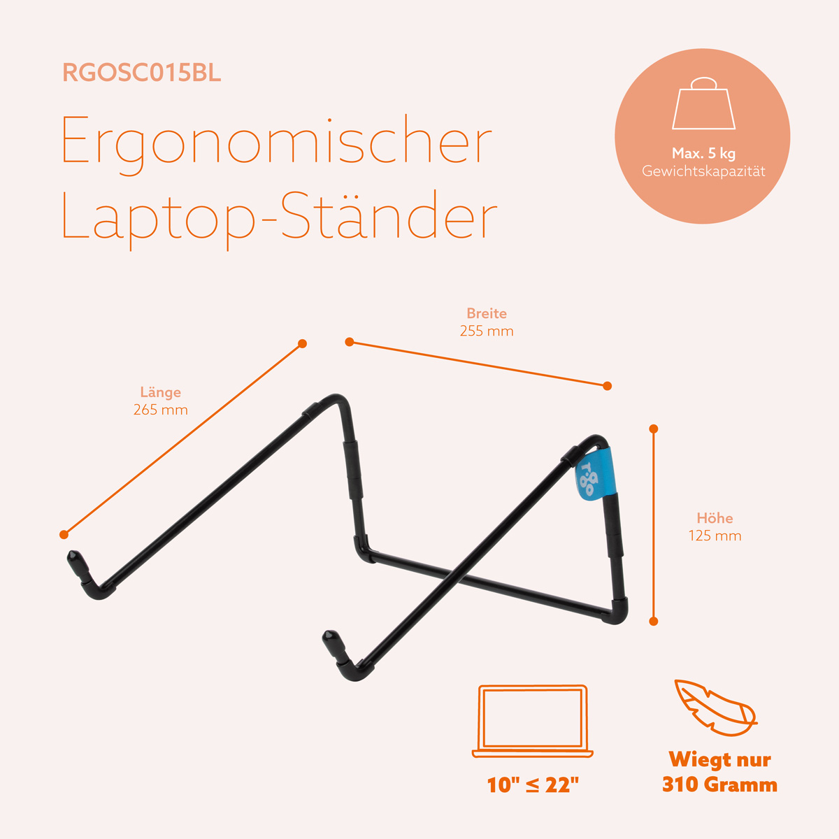 Ergonomic black laptop stand with dimensions, weight, and compatibility details.