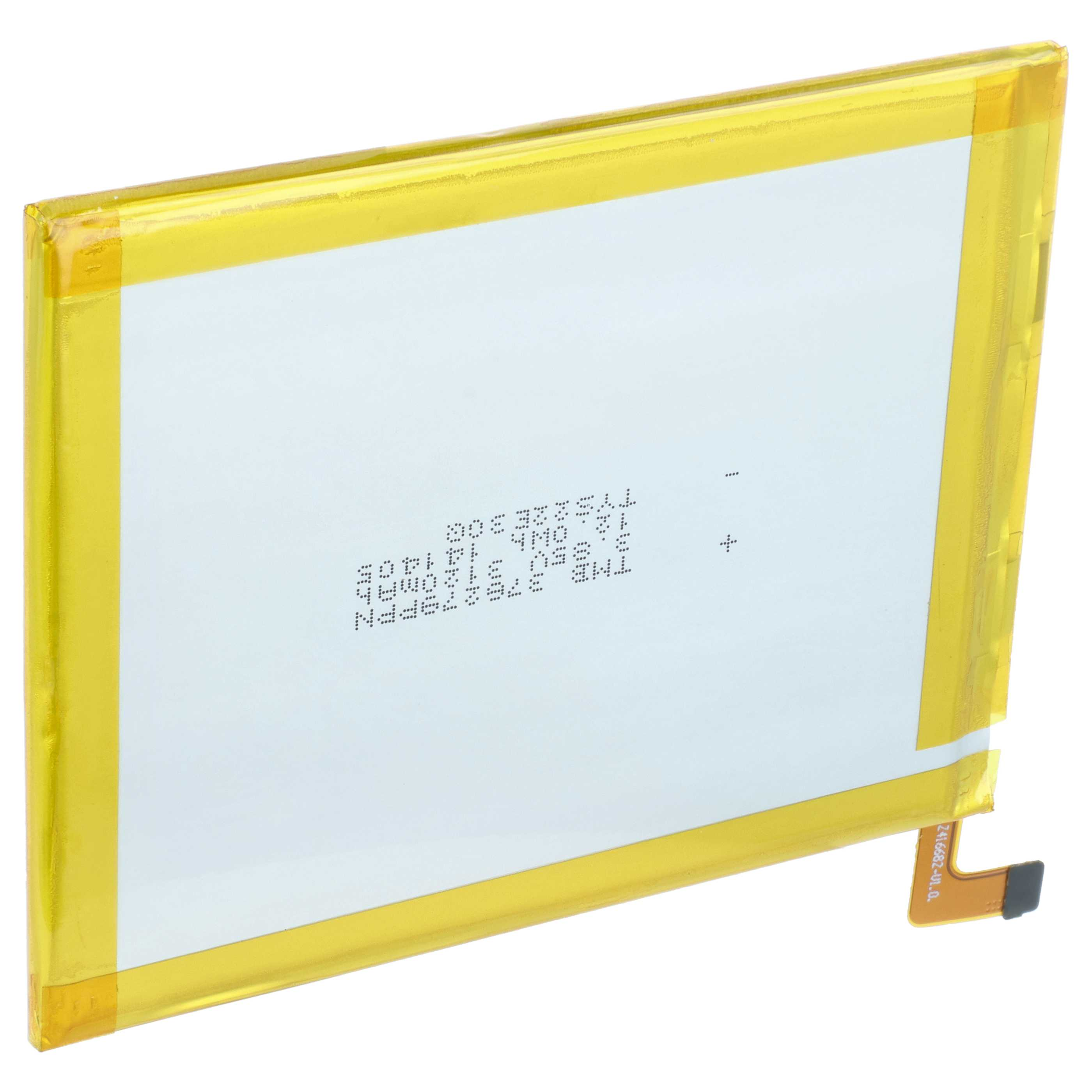 Flacher rechteckiger Lithium-Polymer-Akku mit gelbem Schutzband und weißer Vorderseite mit Textdruck.