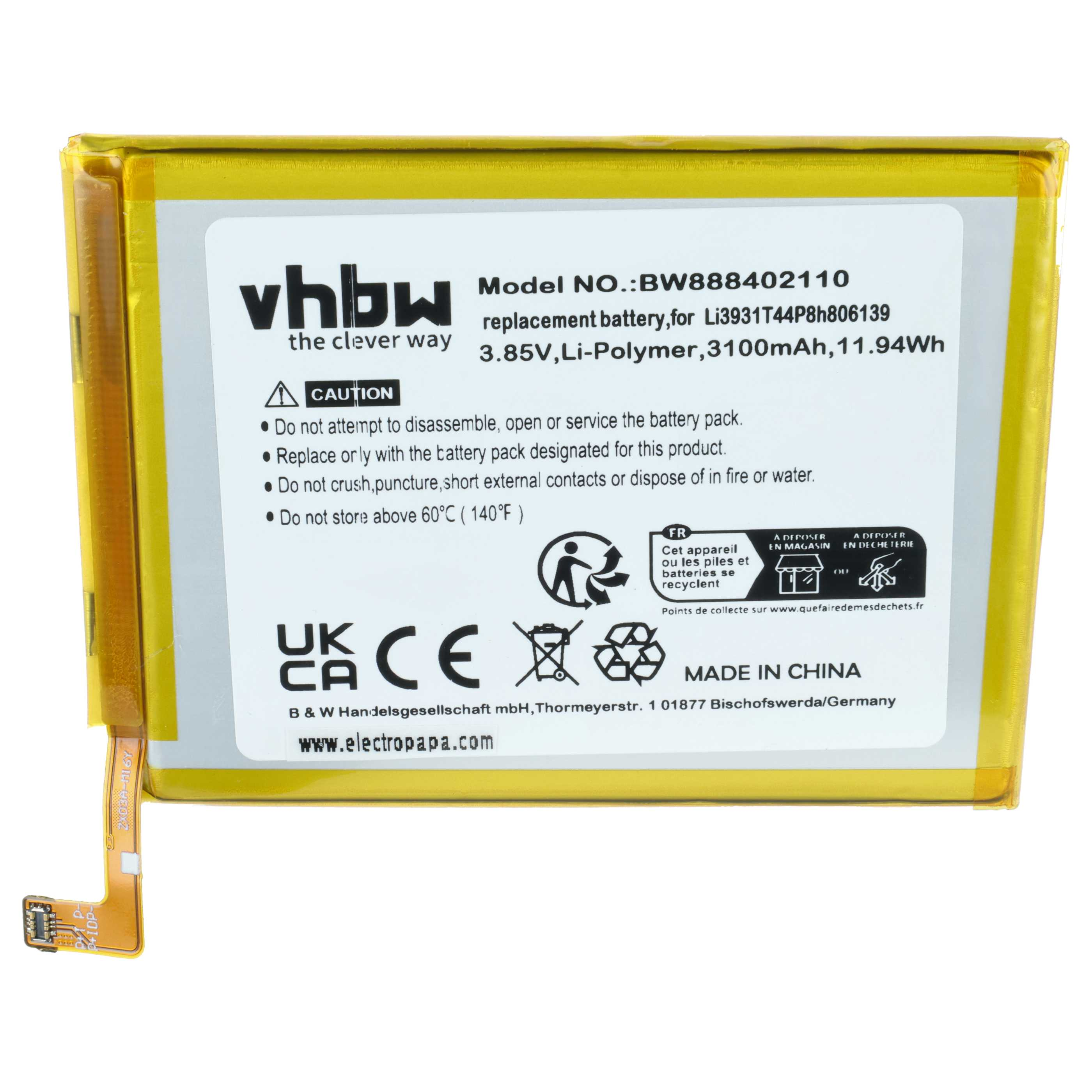 Ein gelber Ersatzakku mit weißem Etikett zeigt Modellnummer BW888402110, technische Daten und Sicherheitshinweise.