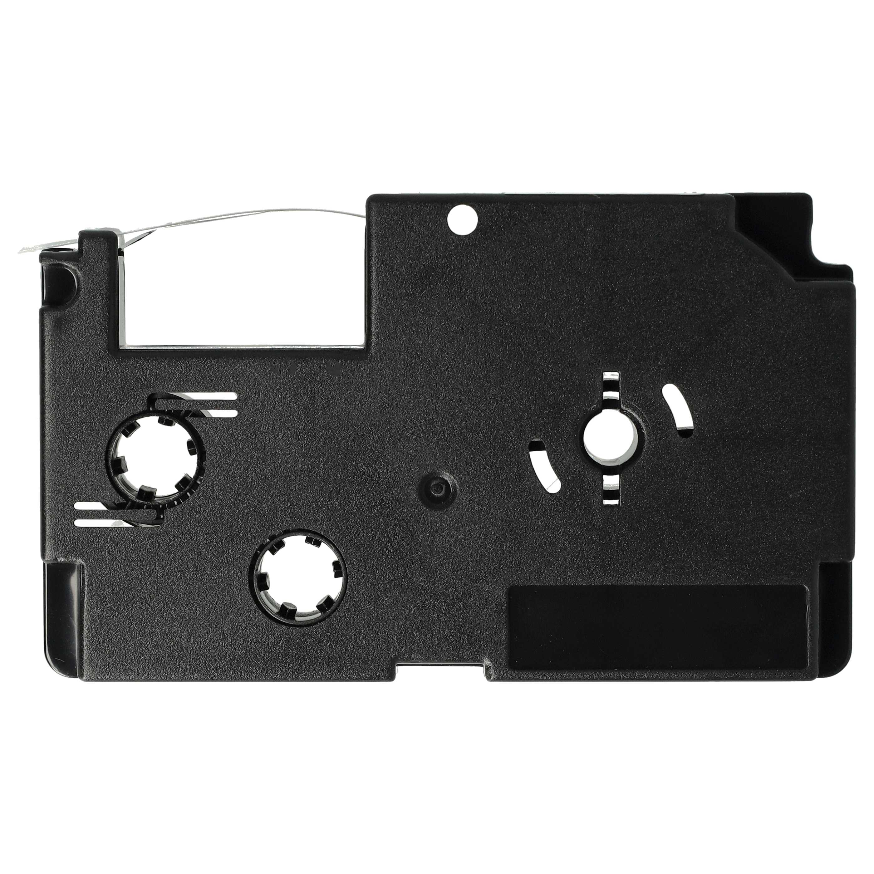 Eine schwarze Etikettendrucker-Kassette auf weißem Hintergrund mit Zahnrädern und sichtbarem Band.