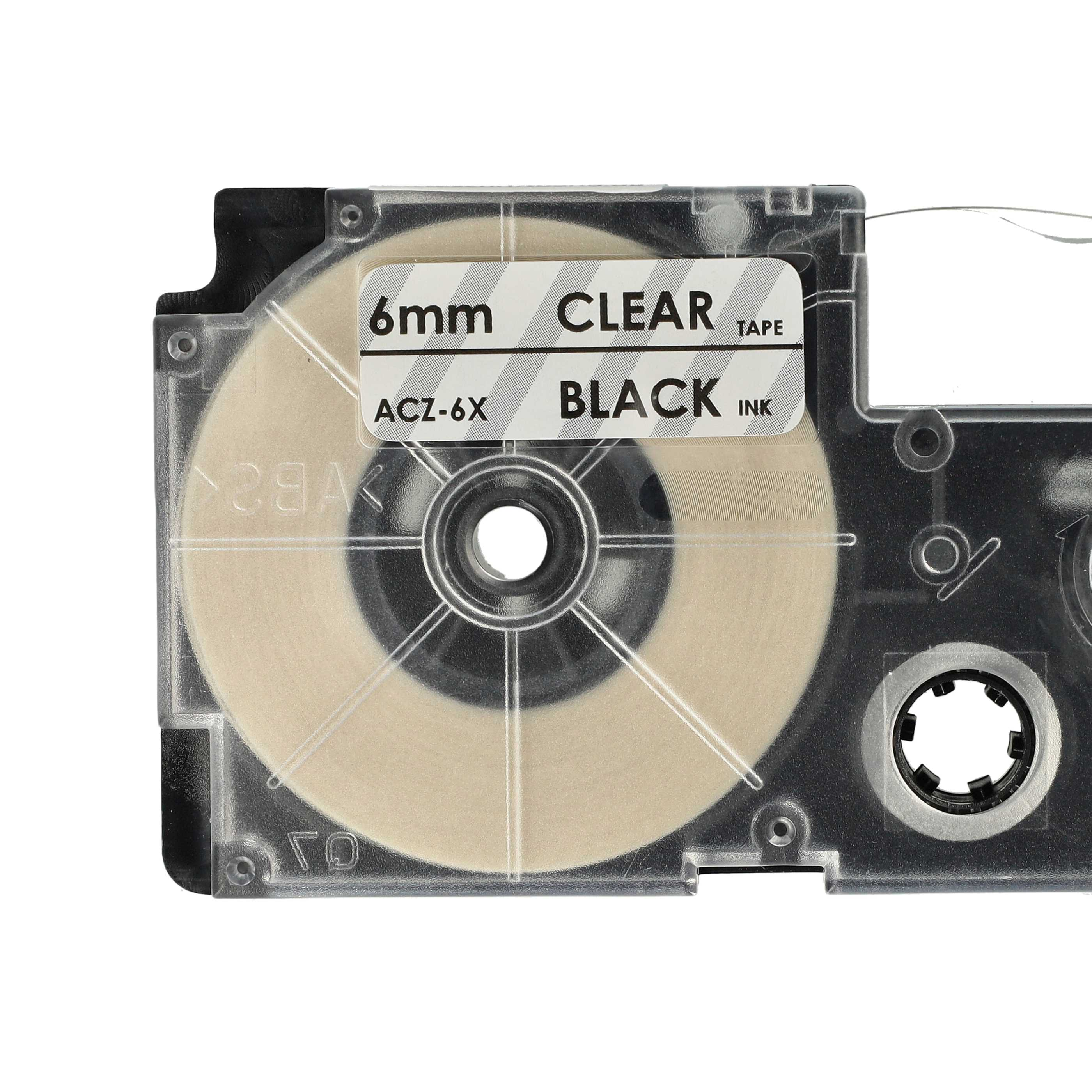 Eine Etikettendrucker-Kassette mit transparenter Bandrolle und Aufschrift 6mm Clear Black Ink.