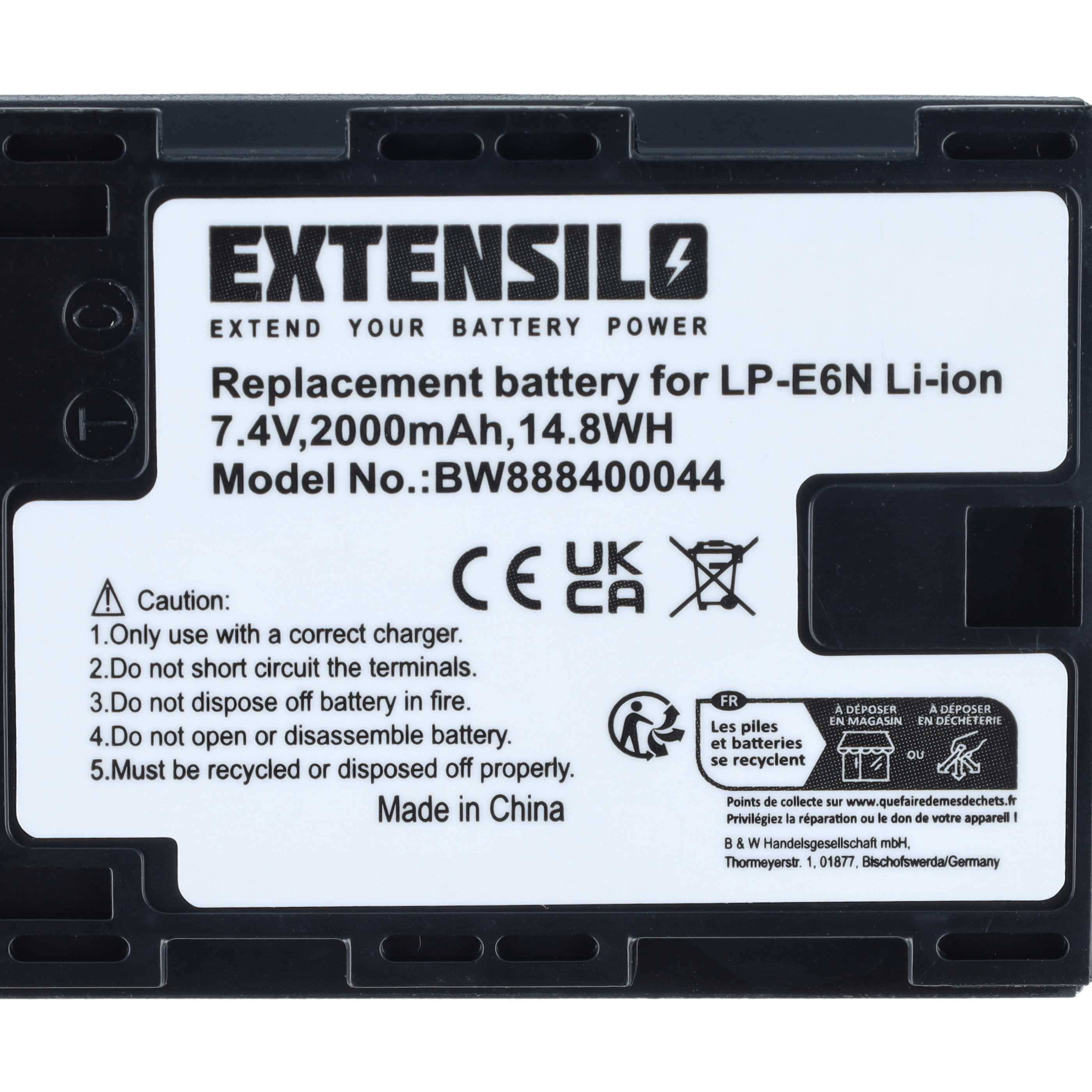 Extensilo Ersatzakku für LP-E6N mit technischen Daten und Sicherheitshinweisen.