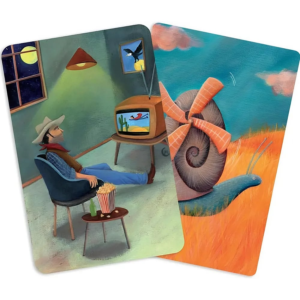 Dos ilustraciones: la izquierda muestra a un vaquero viendo la tele, la derecha un caracol con concha de molino.