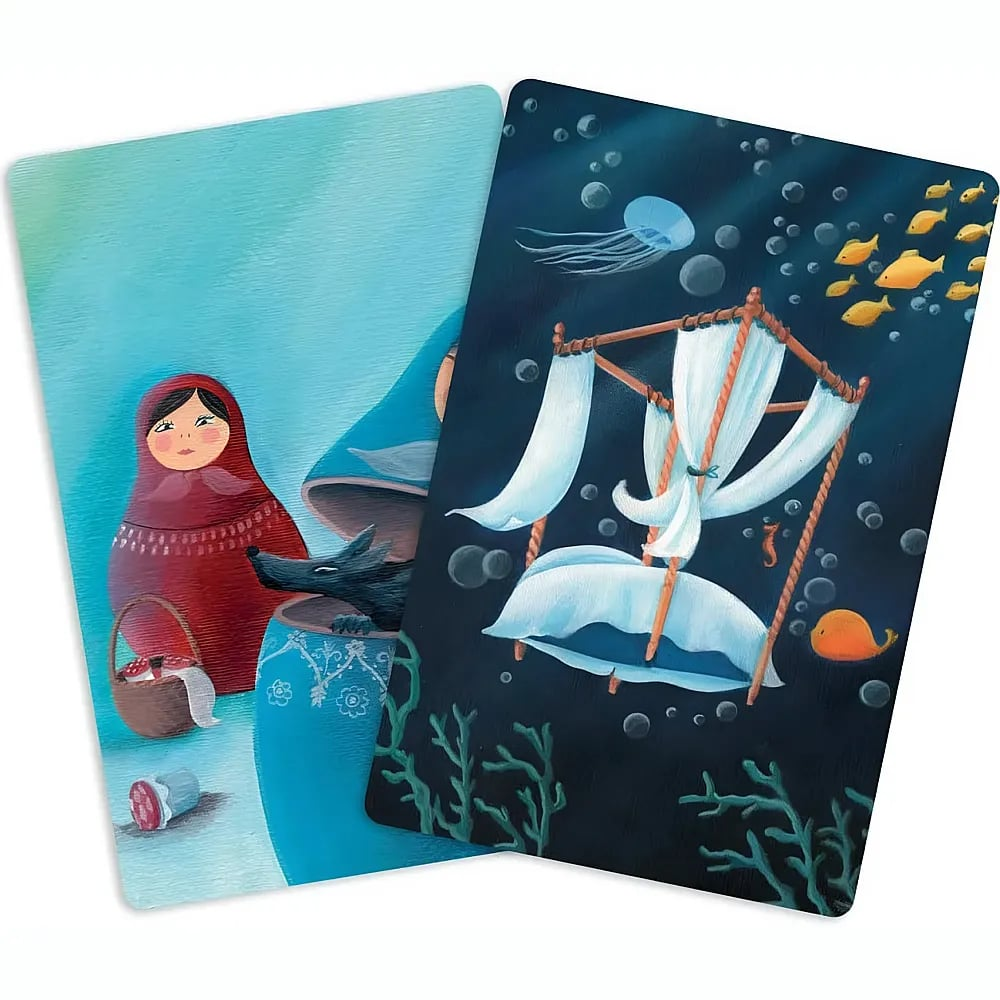 Dos tarjetas ilustradas muestran una muñeca rusa con un lobo y una cama con dosel submarina con peces y una medusa.