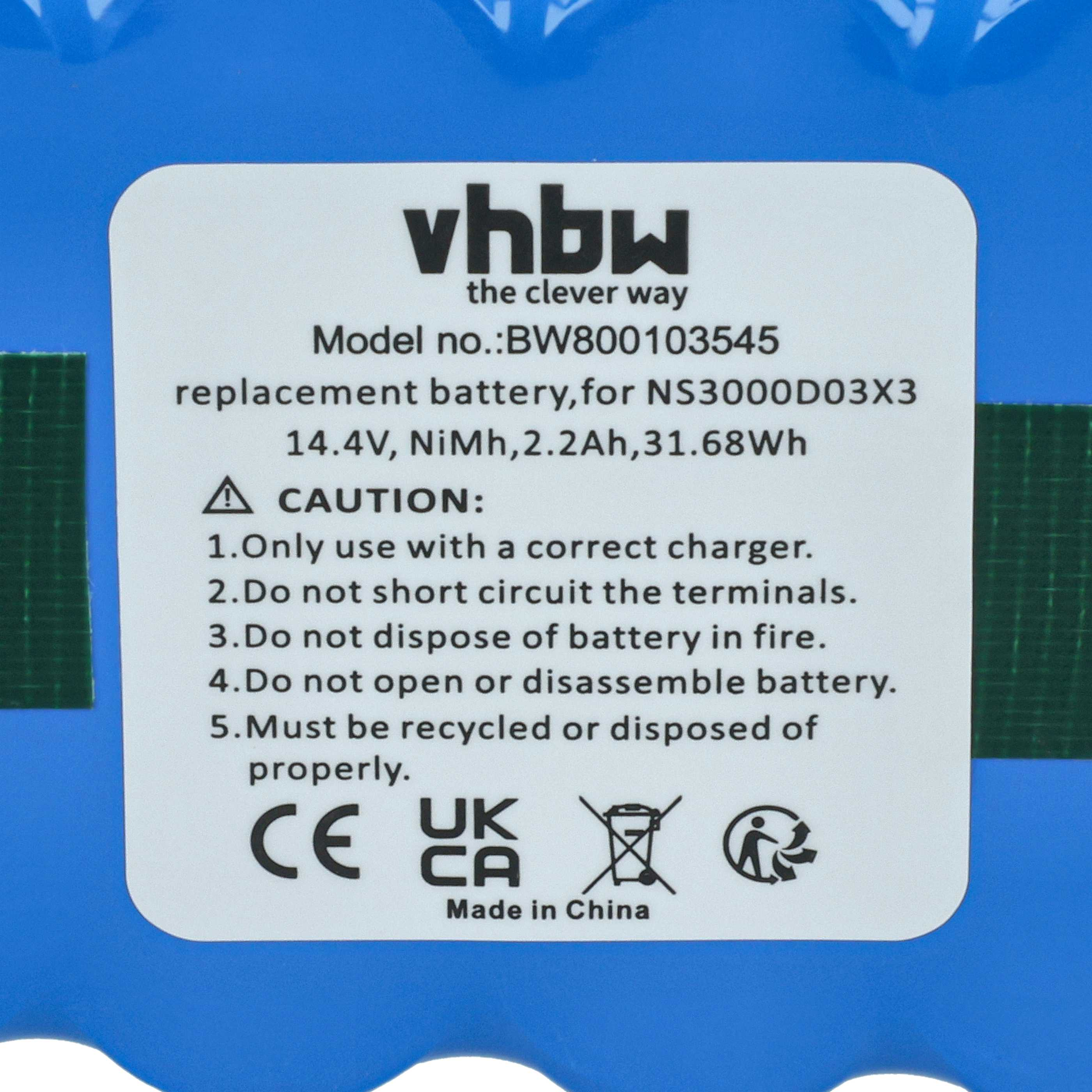 Etikett auf blauem Akku mit vhbw-Logo, Modellnummer, technischen Daten und Sicherheitswarnungen.