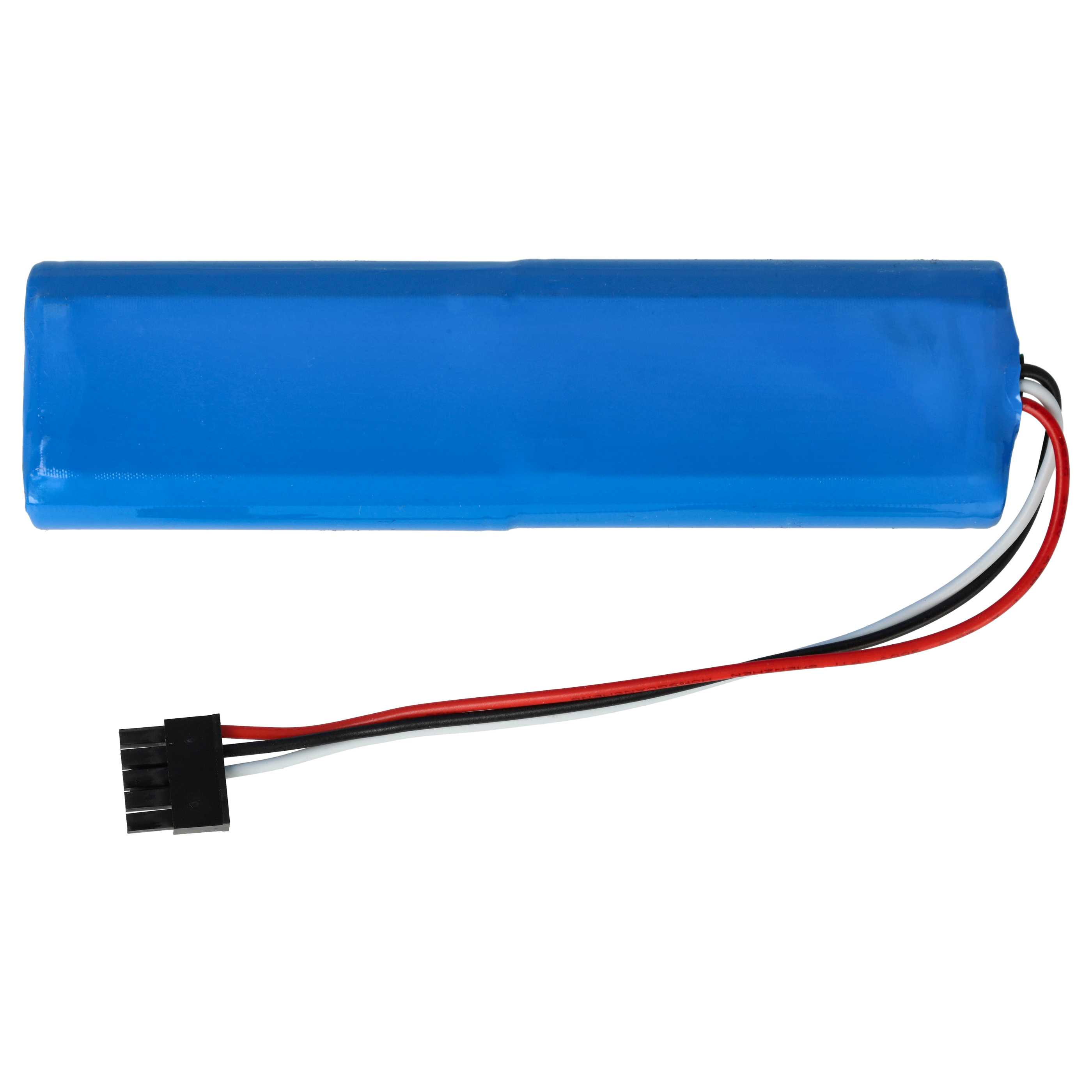 Ein blauer Akku mit drei Kabeln und schwarzem Stecker vor weißem Hintergrund.