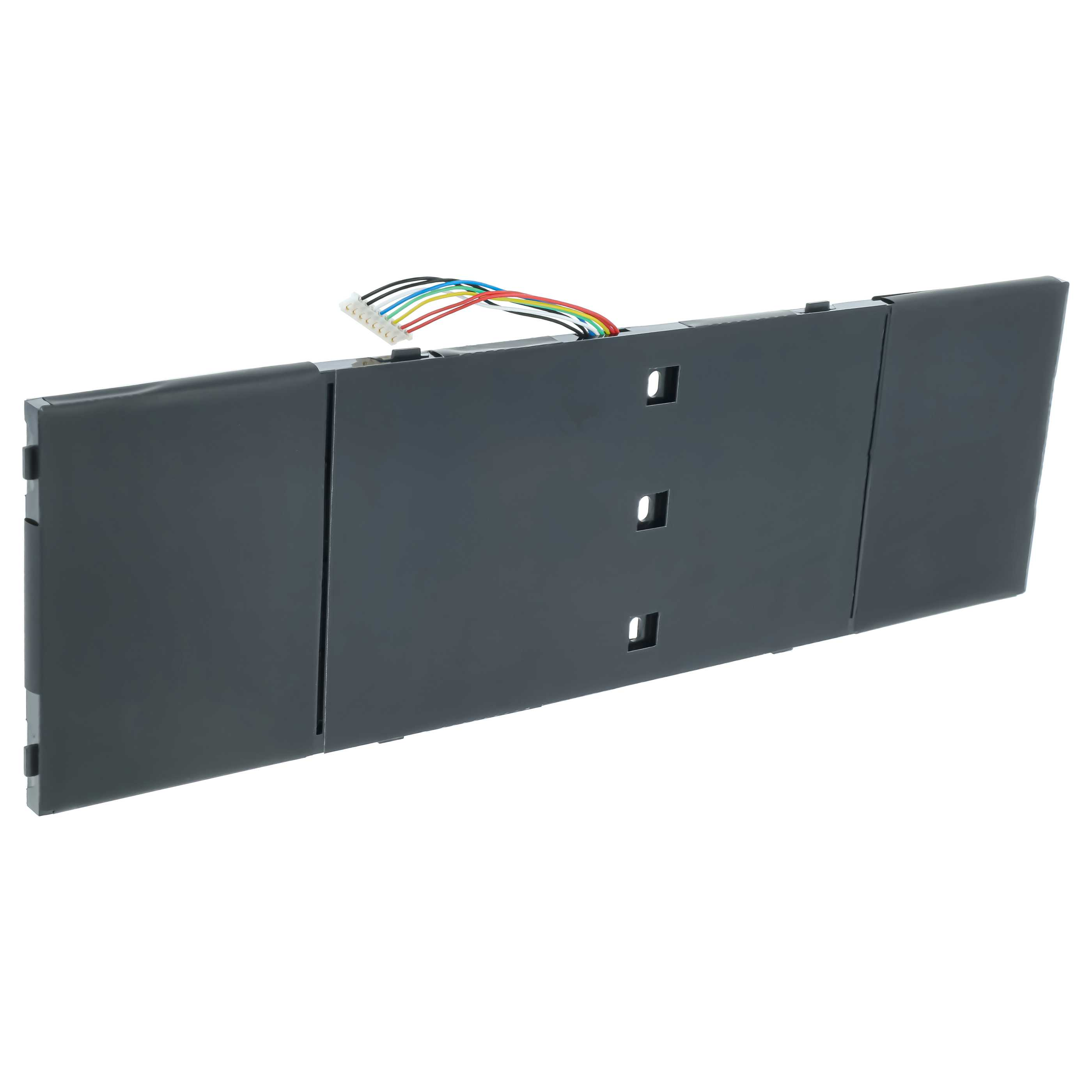 Ein schwarzer Laptop-Akku mit einem weißen Stecker und mehrfarbigen Kabeln auf weißem Hintergrund.
