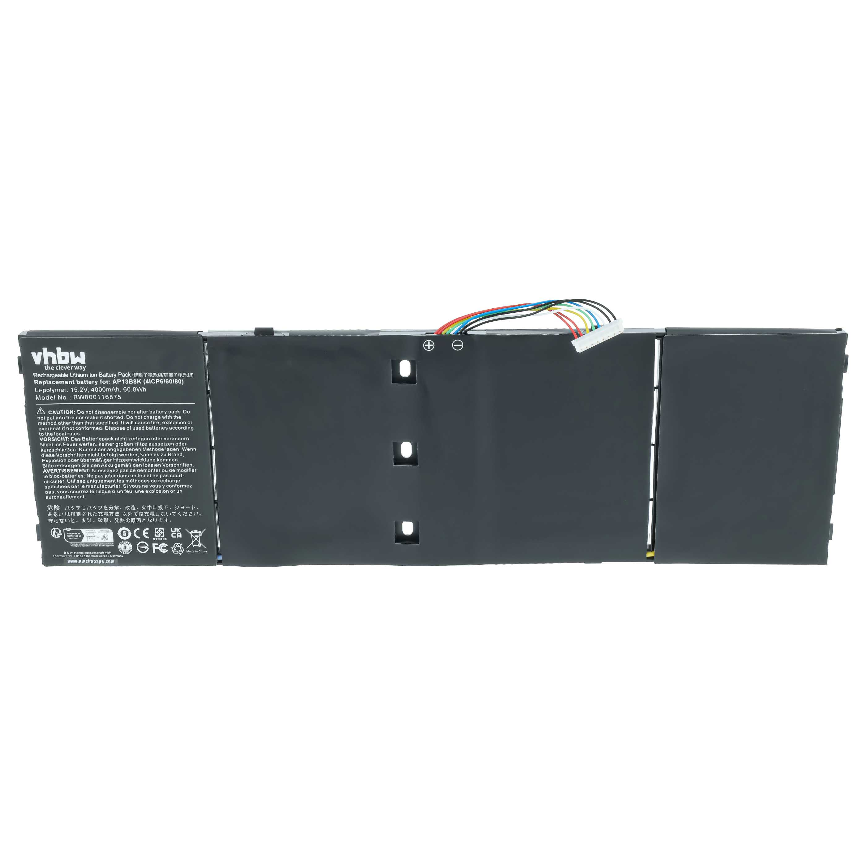 Ein schwarzer Laptop-Akku mit gedruckten Warnhinweisen und einem angeschlossenen bunten Kabel.