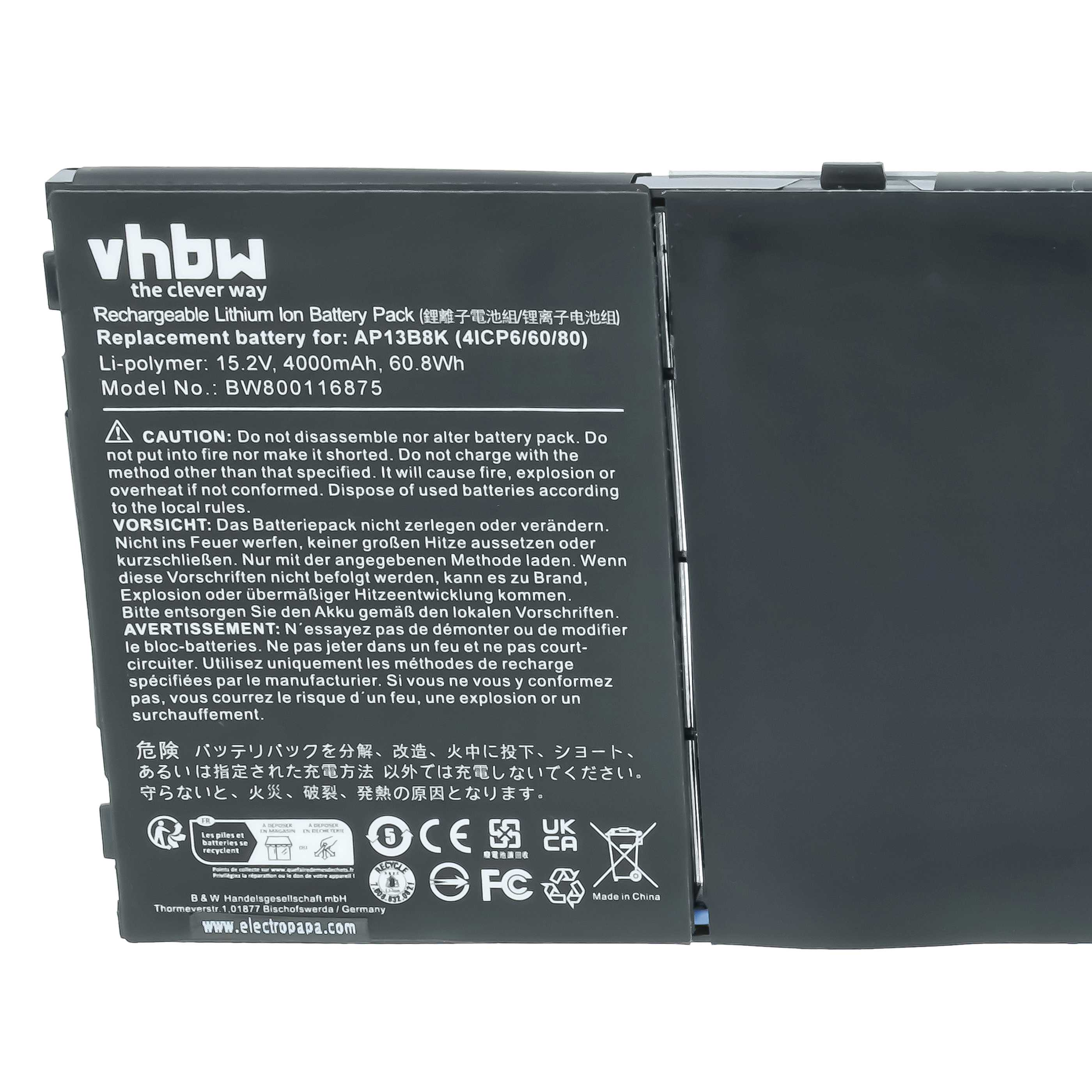 Nahaufnahme eines schwarzen vhbw Lithium-Ionen-Ersatzakkus mit technischen Daten, Warnhinweisen und Recyclingsymbolen.