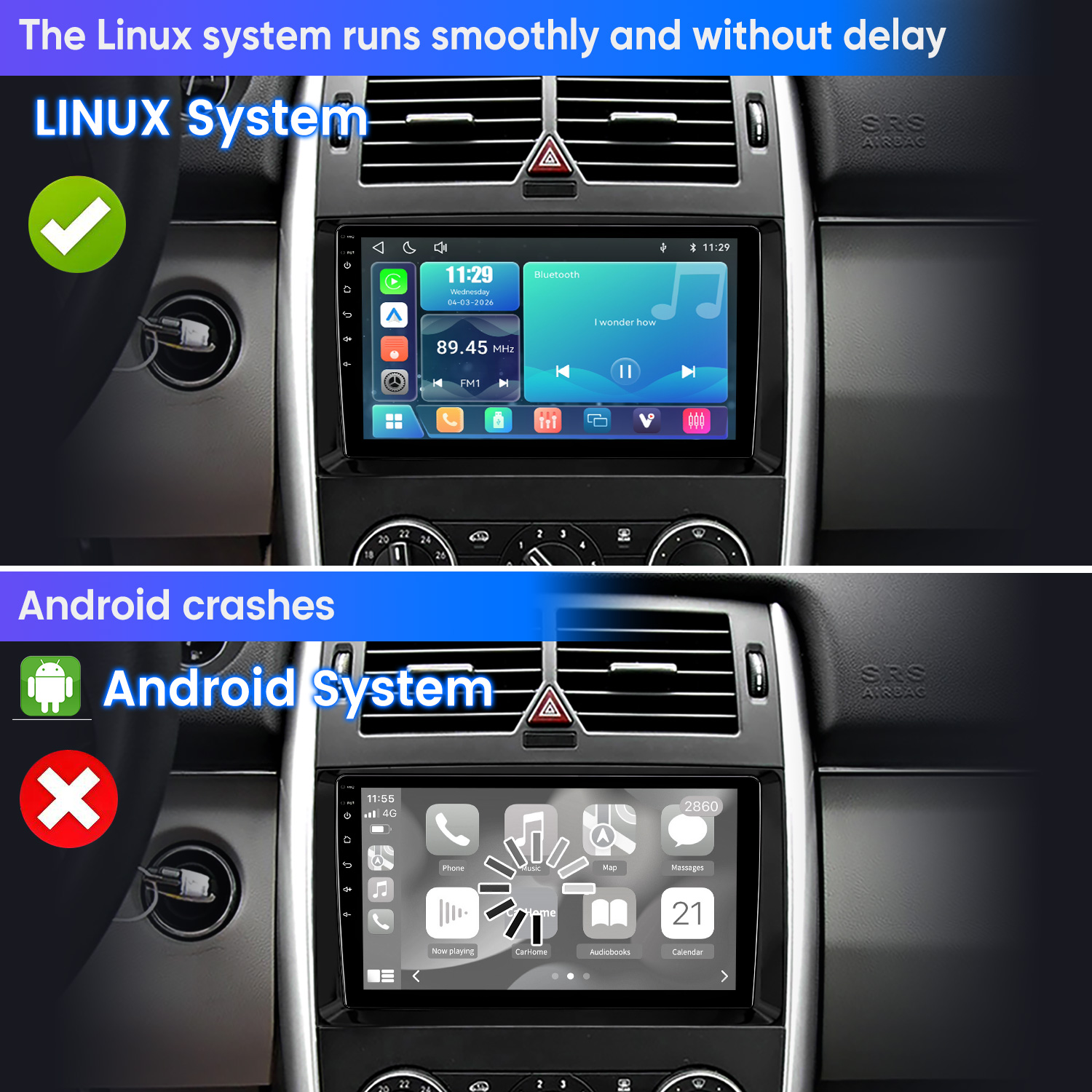 Összehasonlítás: a Linux rendszer zökkenőmentesen fut zöld pipával, az Android rendszer piros kereszttel összeomlik.