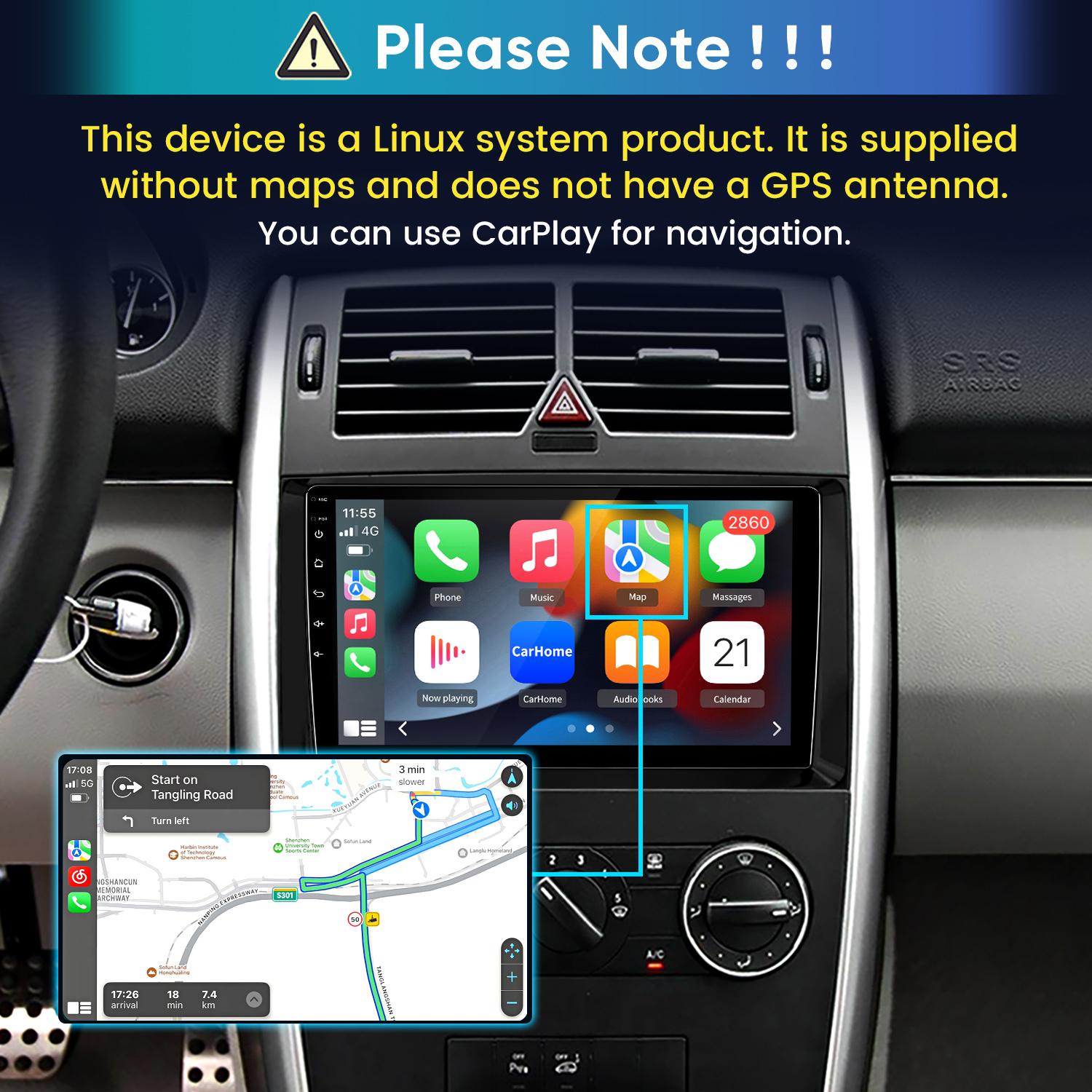 Autó belső tere CarPlay képernyővel, térkép alkalmazással és figyelmeztetéssel a GPS-antenna hiányáról.