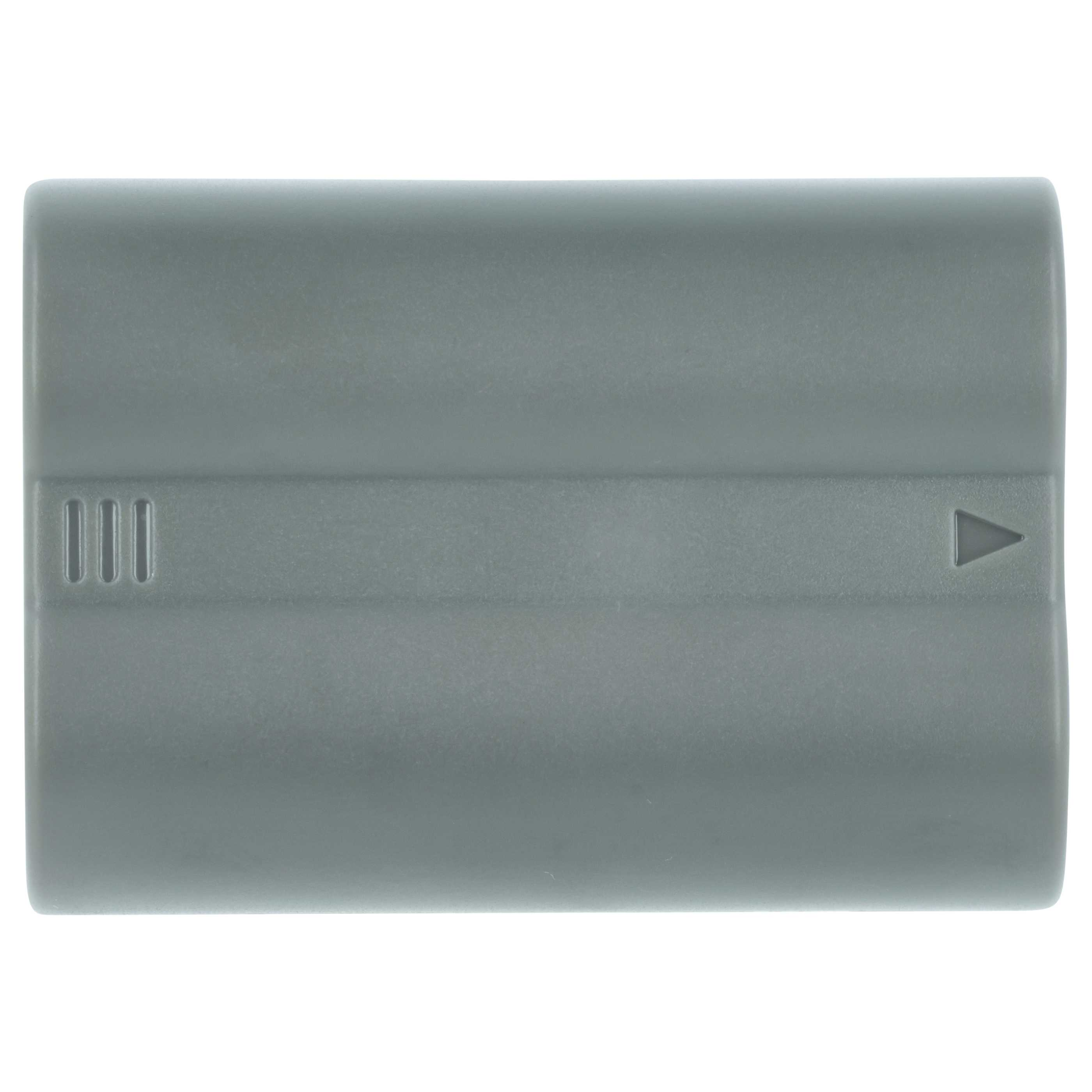 Eine graue Plastikbatterie mit drei Rillen auf der linken und einem Dreieckspfeil auf der rechten Seite.