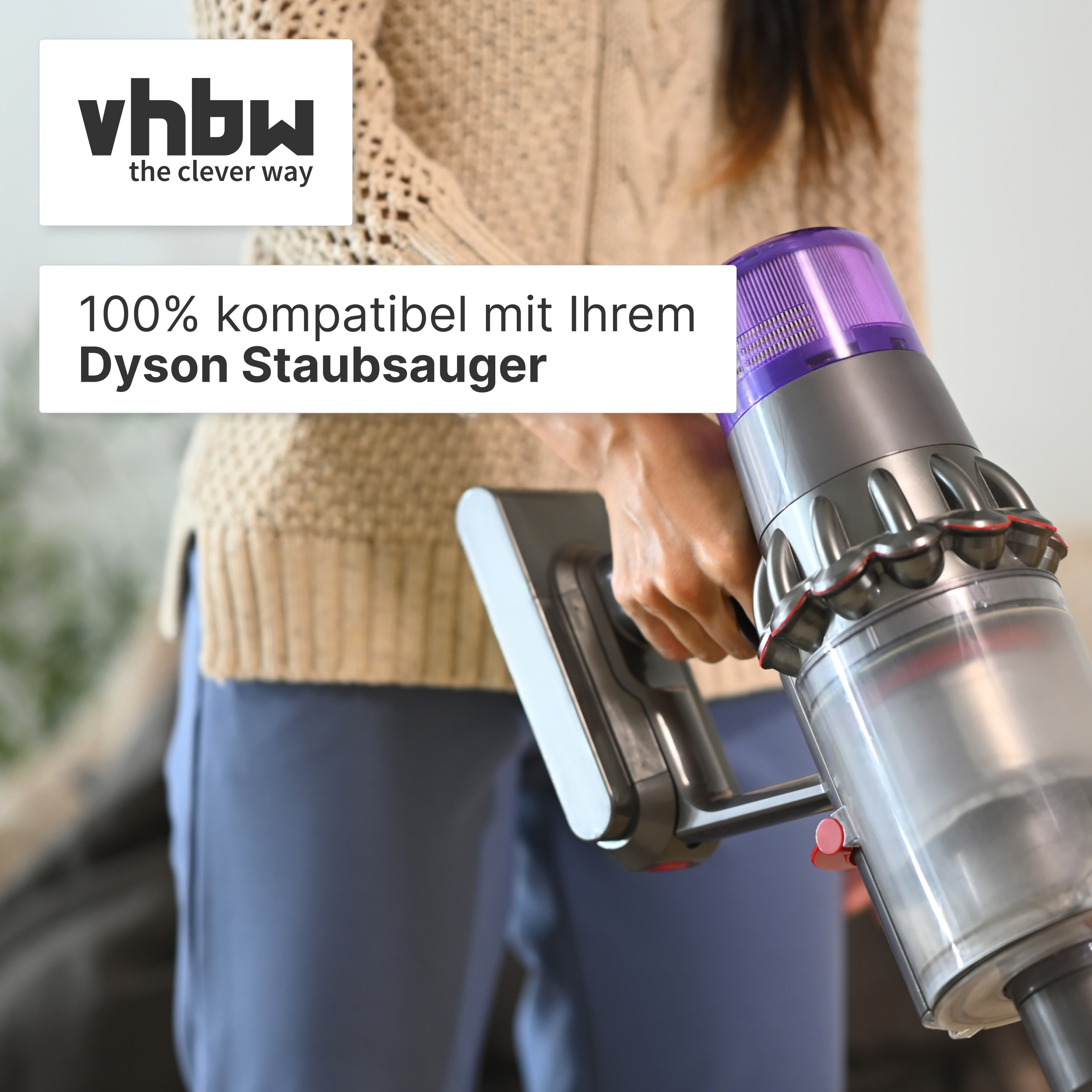 Eine Person hält einen kabellosen Dyson Staubsauger. Textüberlagerungen zeigen das vhbw Logo und Kompatibilitätshinweise.