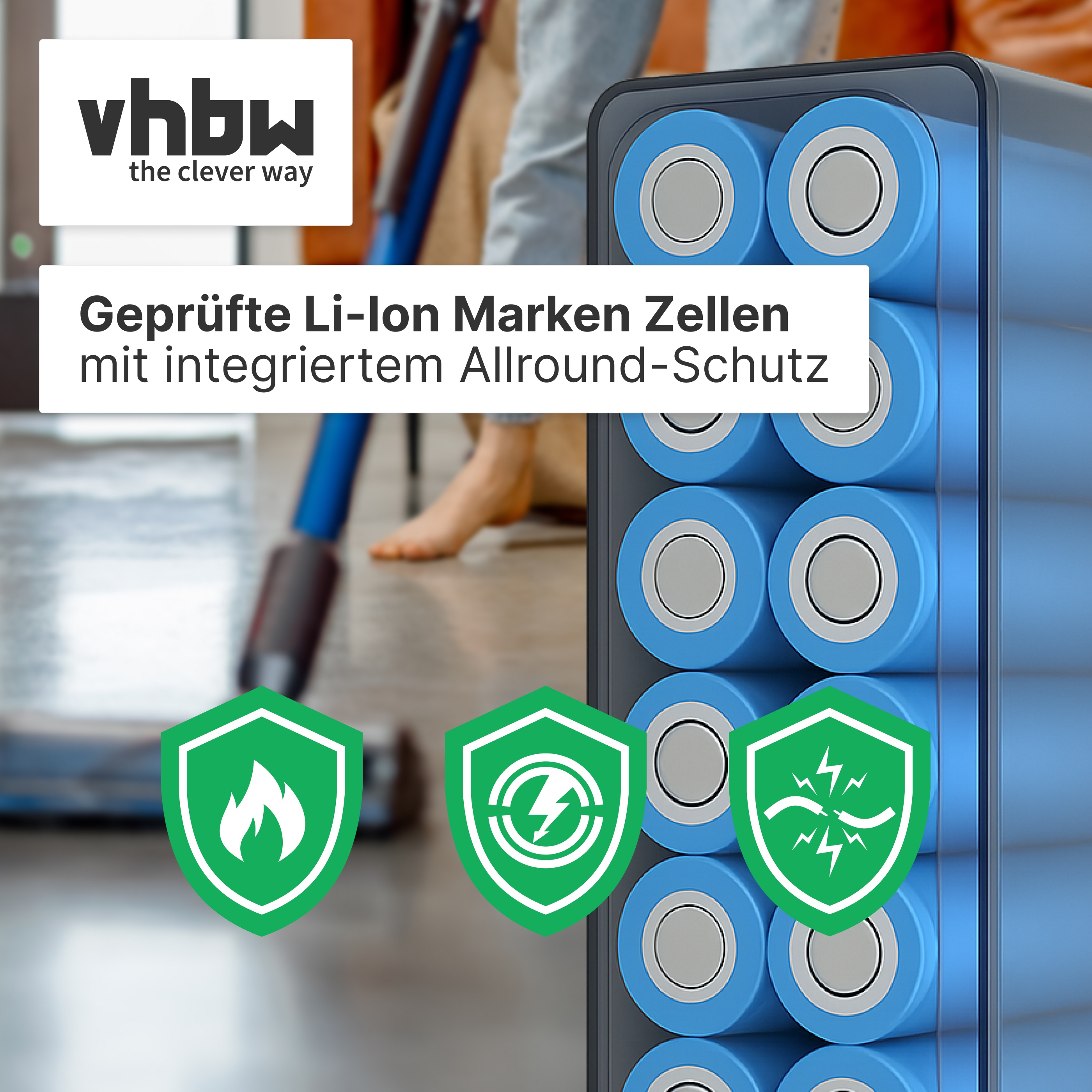 Blaue zylindrische Li-Ionen-Zellen in einer Batterieeinheit mit Sicherheitssymbolen.