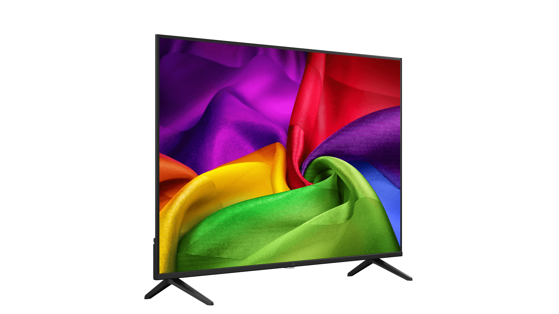 Un televisor de pantalla plana moderno muestra un patrón abstracto colorido de telas brillantes.