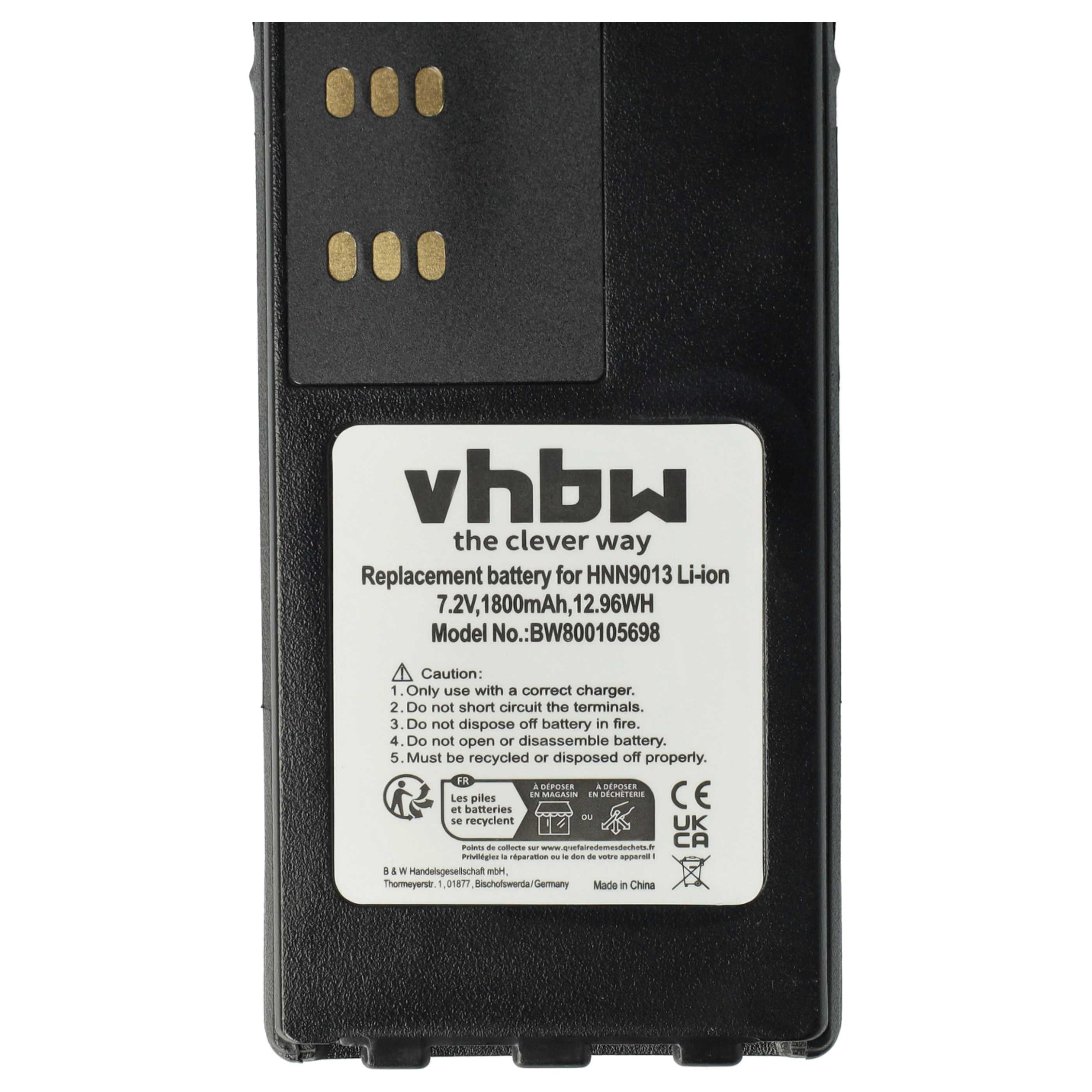 Schwarzer vhbw Ersatzakku mit Etikett, das Technische Daten und Sicherheitshinweise zeigt.