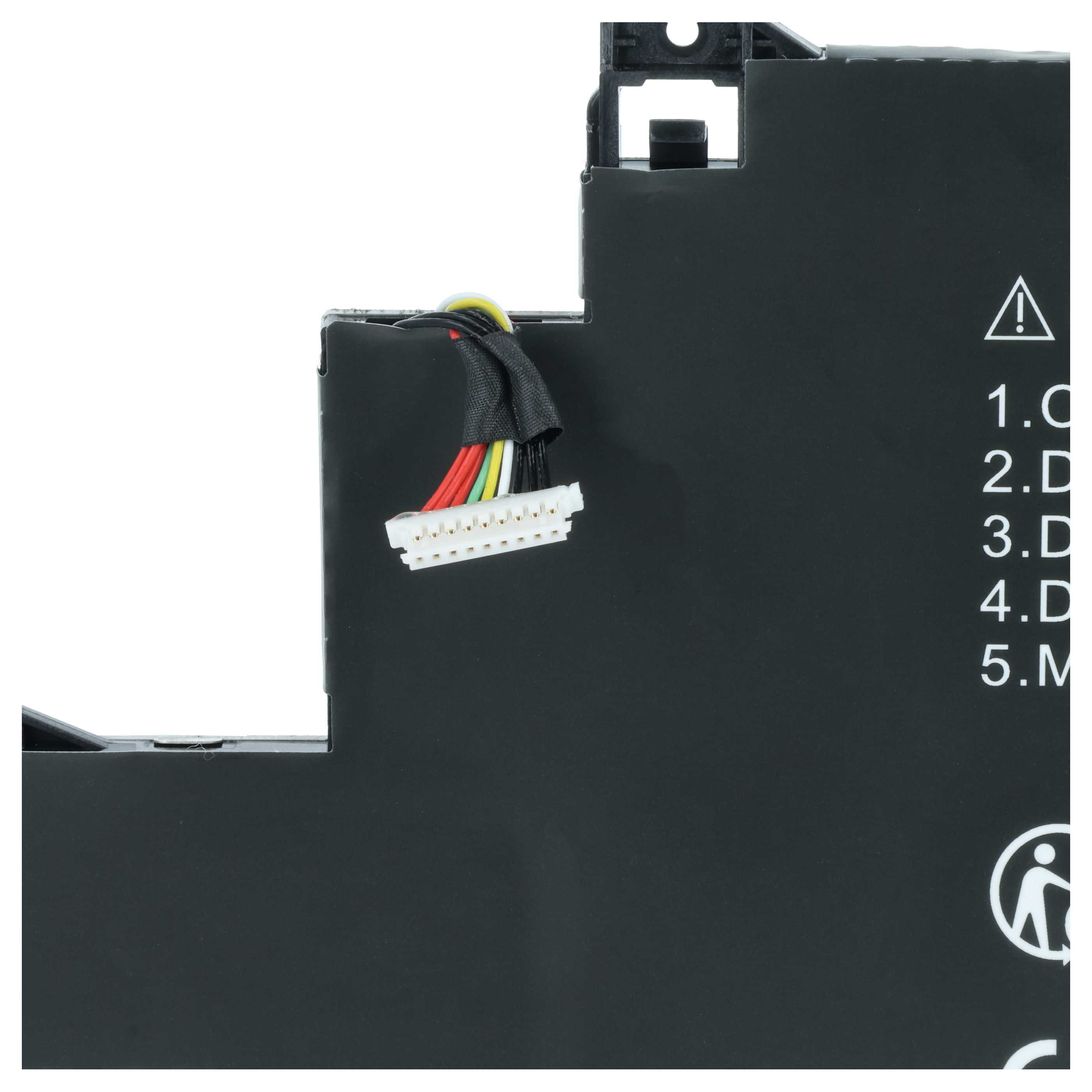 Eine schwarze Batterie mit einem weißen Mehrdrahtanschluss und Warntext.