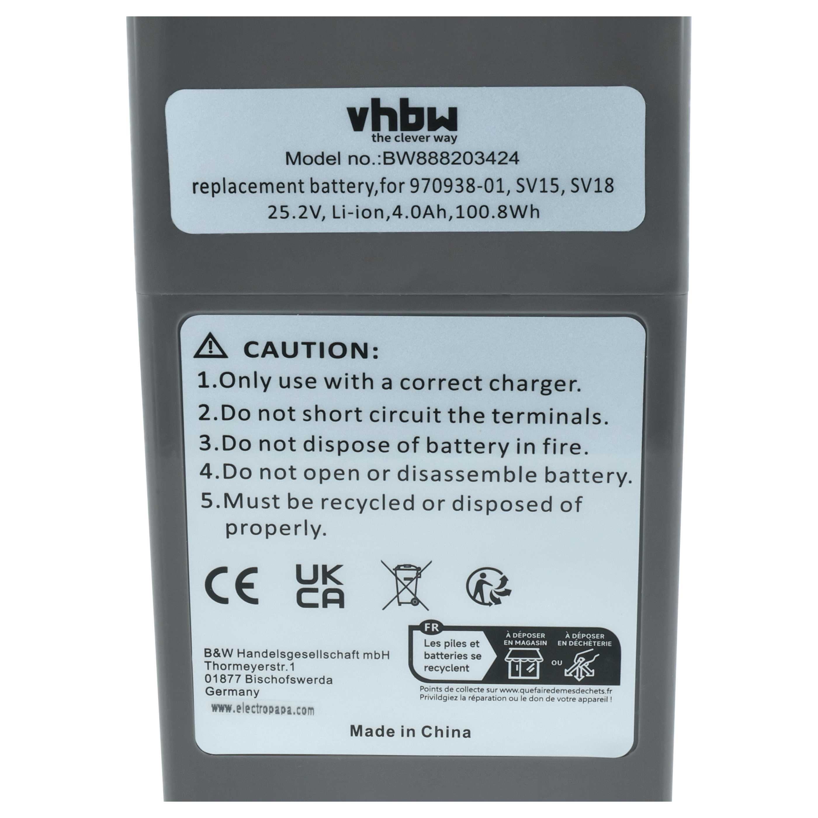 Etikett auf grauer Ersatzbatterie mit Vhbw-Logo, Modellnummer, technischen Daten und Sicherheitshinweisen.