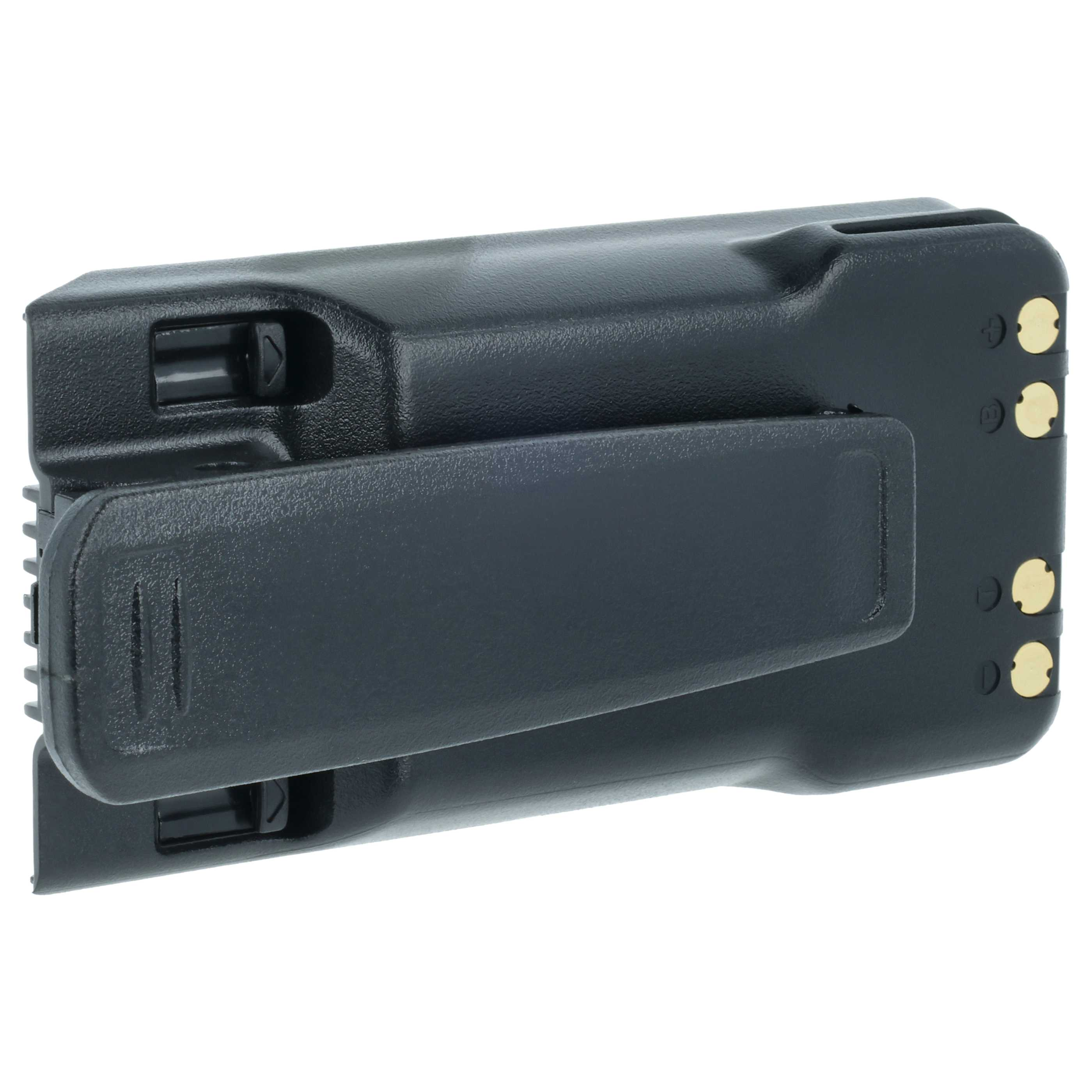 Schwarzer Akku mit integriertem Gürtelclip und vier goldenen Kontakten an der rechten Seite auf weißem Hintergrund.