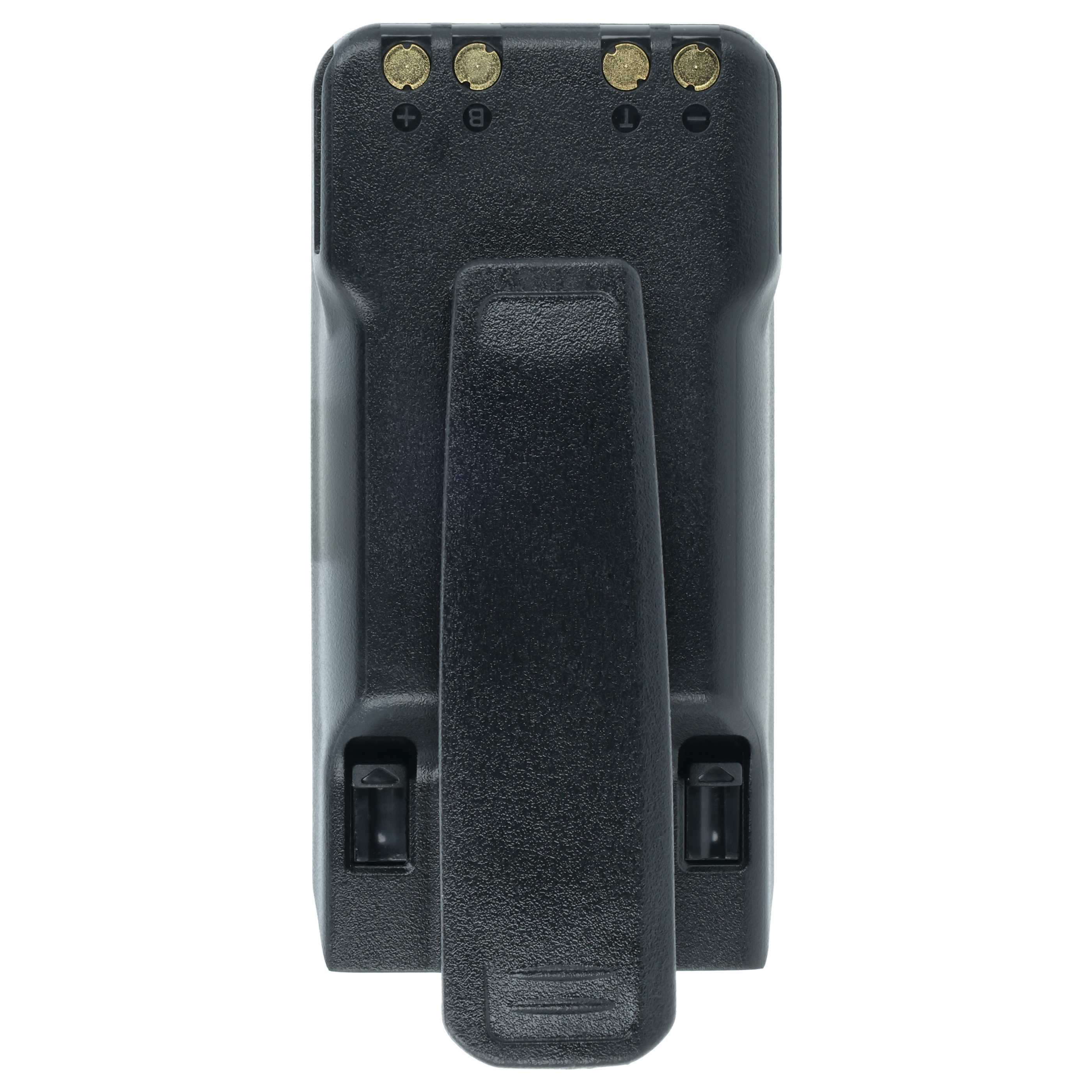 Schwarzer Akku mit integriertem Gürtelclip und goldenen Kontaktelementen.