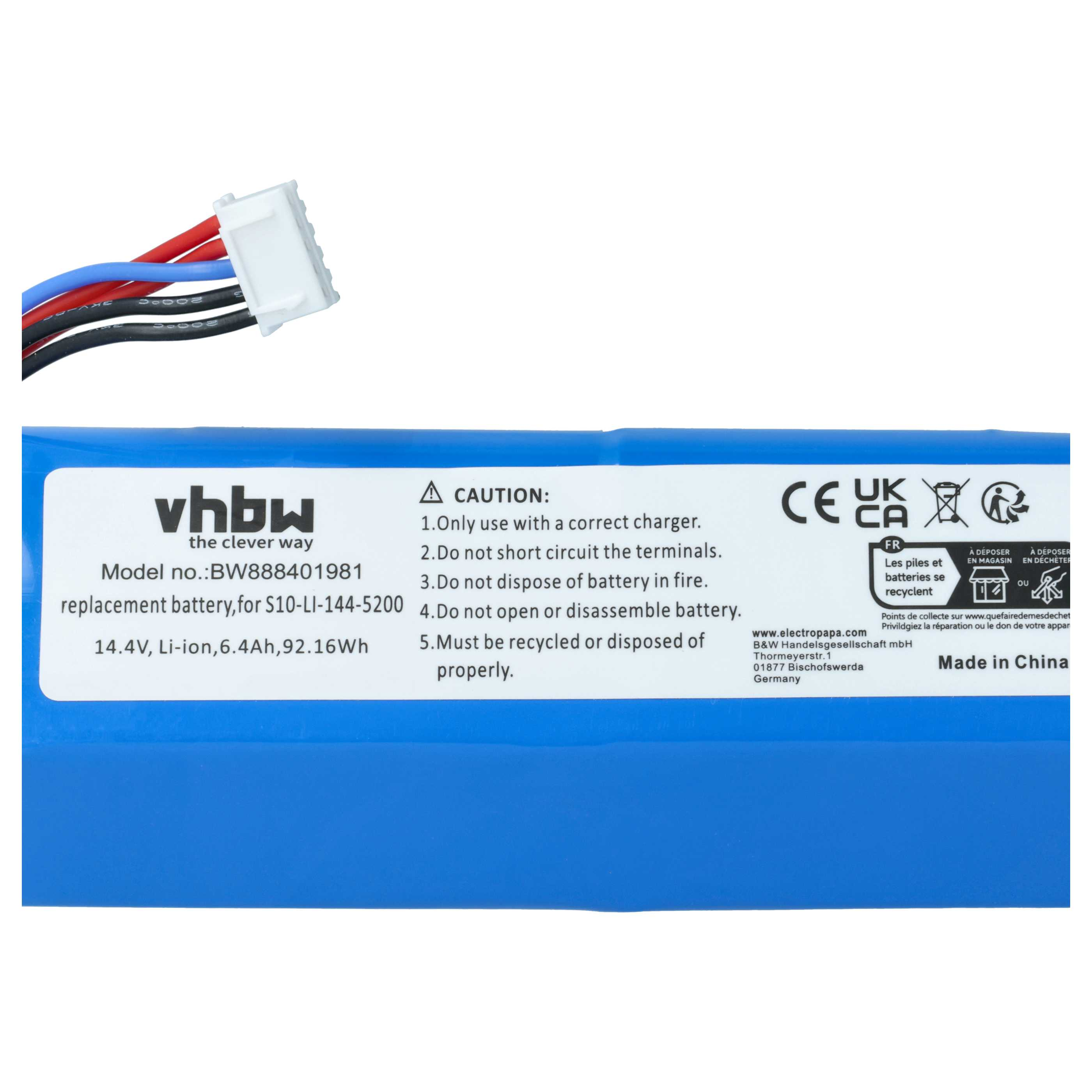Blaue vhbw Ersatzbatterie mit weißem Stecker, Modell BW888401981, 14.4V und Warnhinweisen.