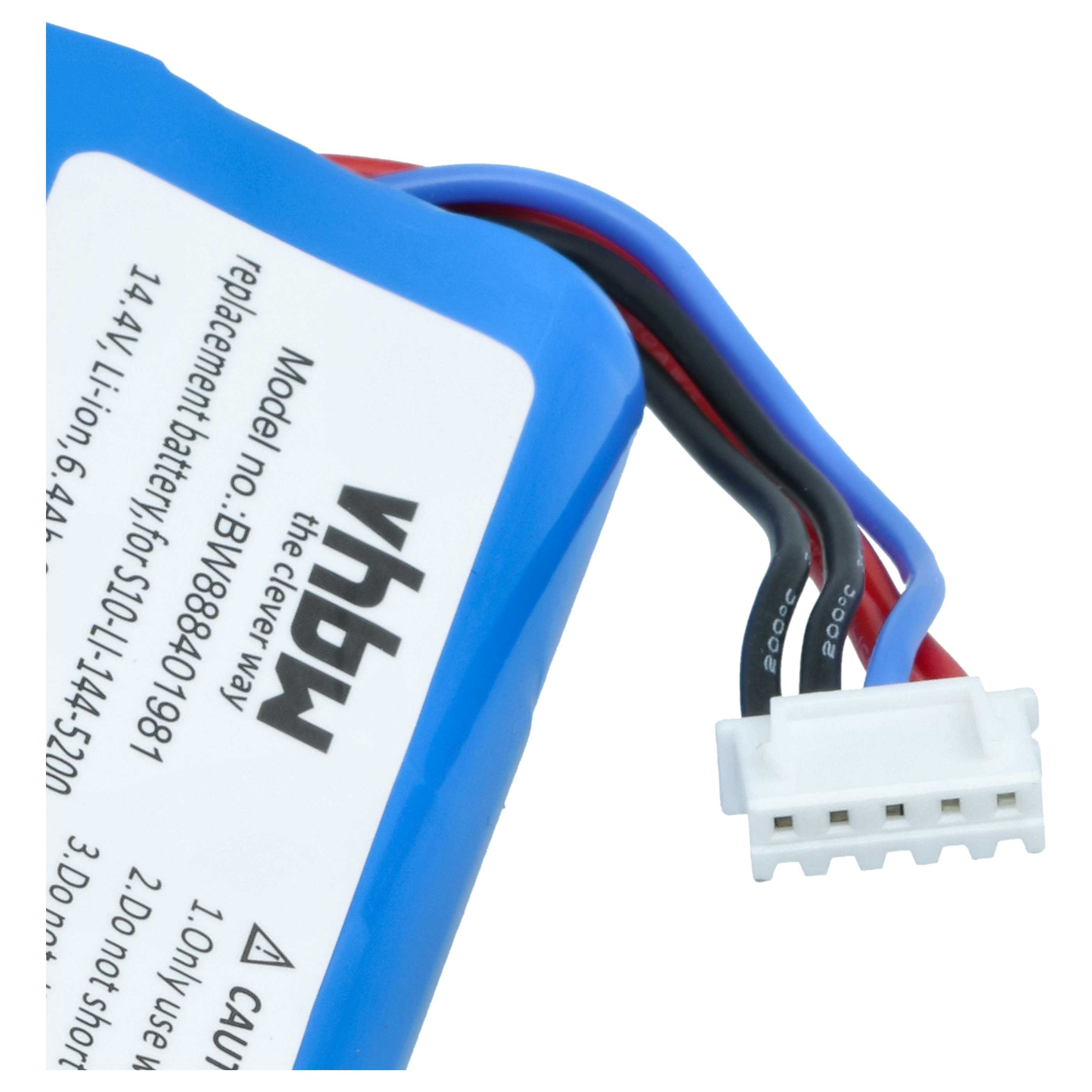 Blaue Ersatzbatterie mit schwarzem, rotem und blauem Kabel mit weißem Stecker.