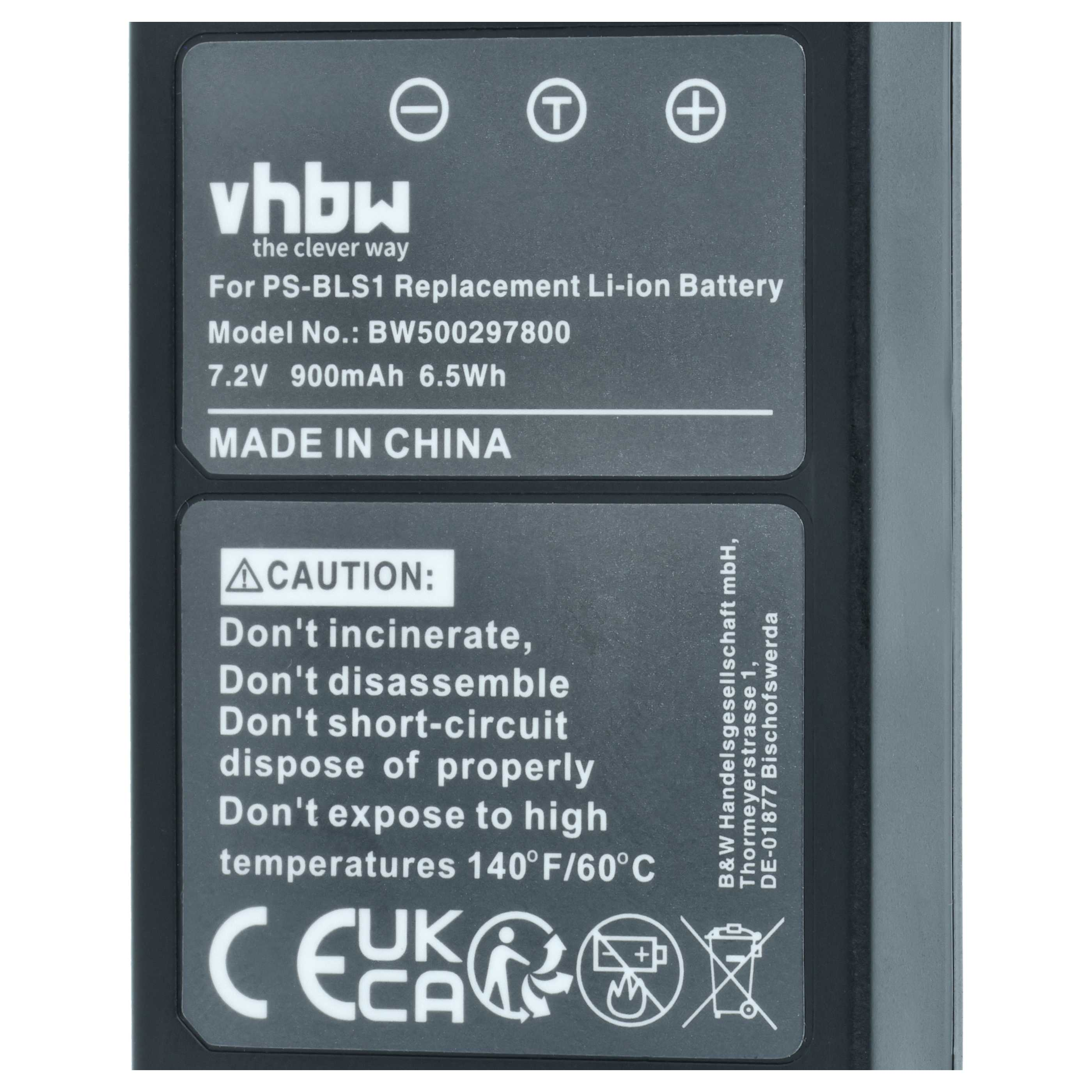 Label auf einer schwarzen Vhbw Ersatz-Li-Ionen-Batterie mit technischen Daten und Sicherheitshinweisen.
