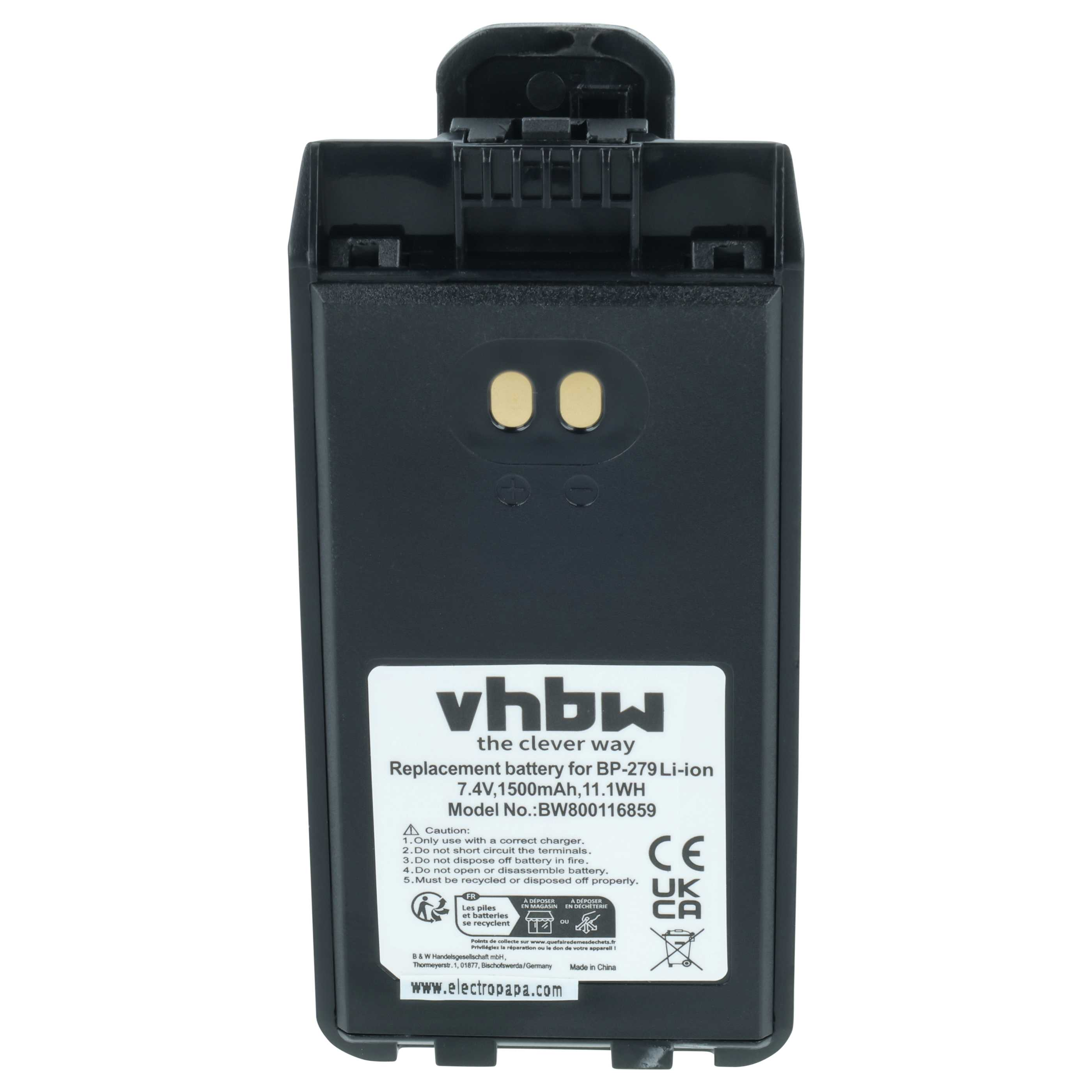 Schwarze vhbw Ersatz-Li-Ionen-Batterie mit Etikett, das Spezifikationen und Sicherheitshinweise zeigt.