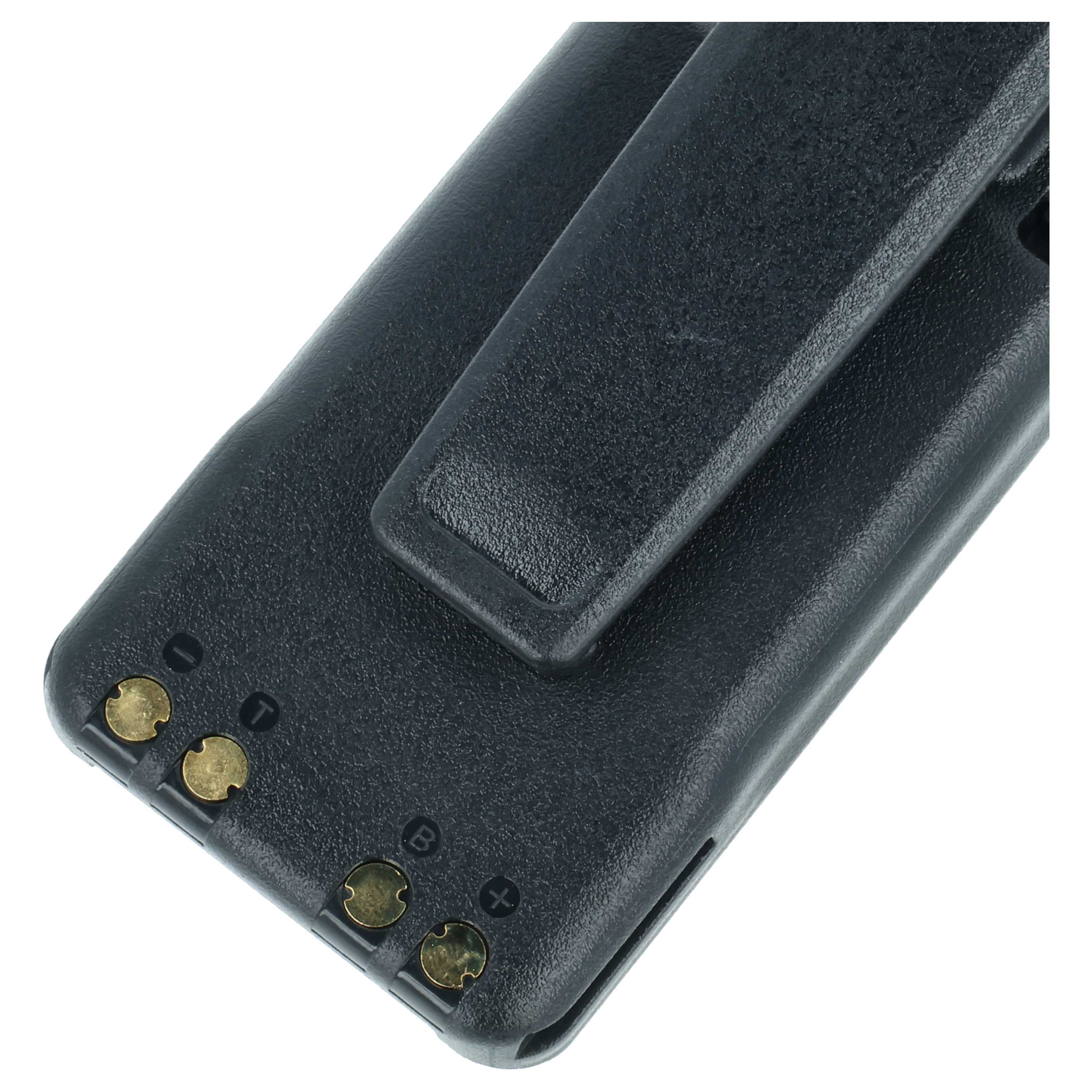 Nahaufnahme der schwarzen Geräterückseite mit Gürtelclip und vier goldenen Kontakten.