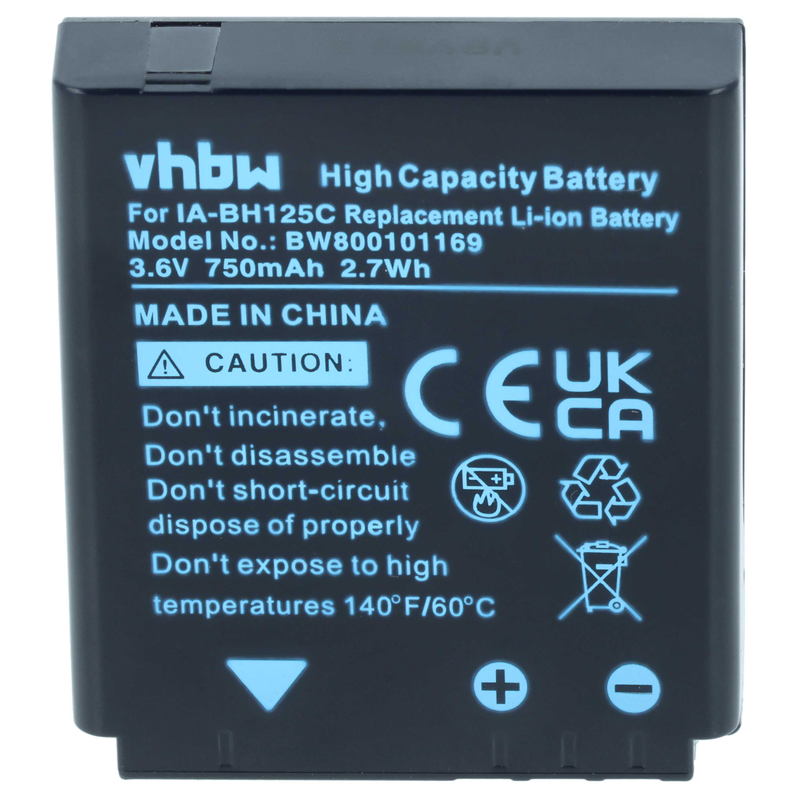 Schwarzer vhbw Lithium-Ionen-Akku mit blauer Beschriftung und Warnsymbolen.