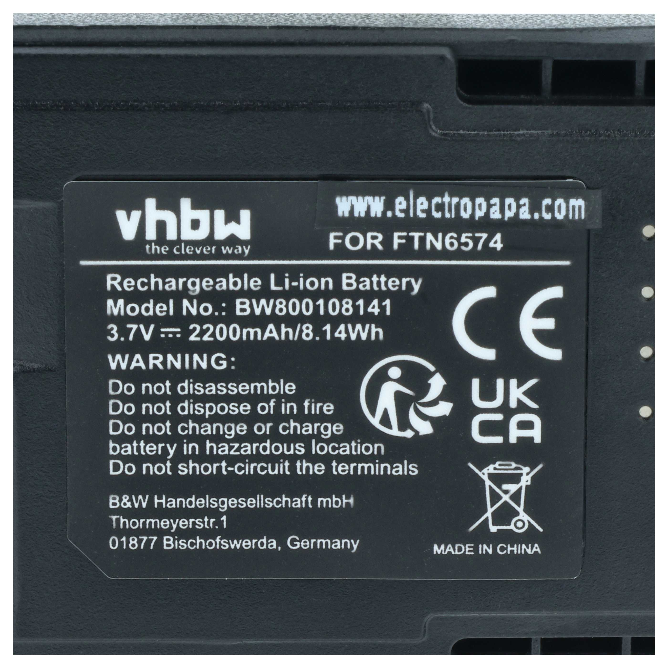 Etikett auf einer vhbw Li-Ionen-Batterie mit technischen Daten und Warnhinweisen.