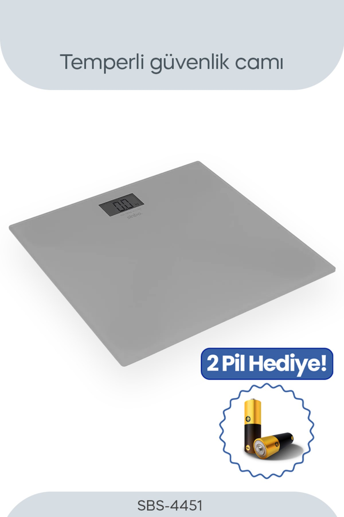 Cam yüzeyli gri dijital banyo tartısı ve yanında hediye iki pil.