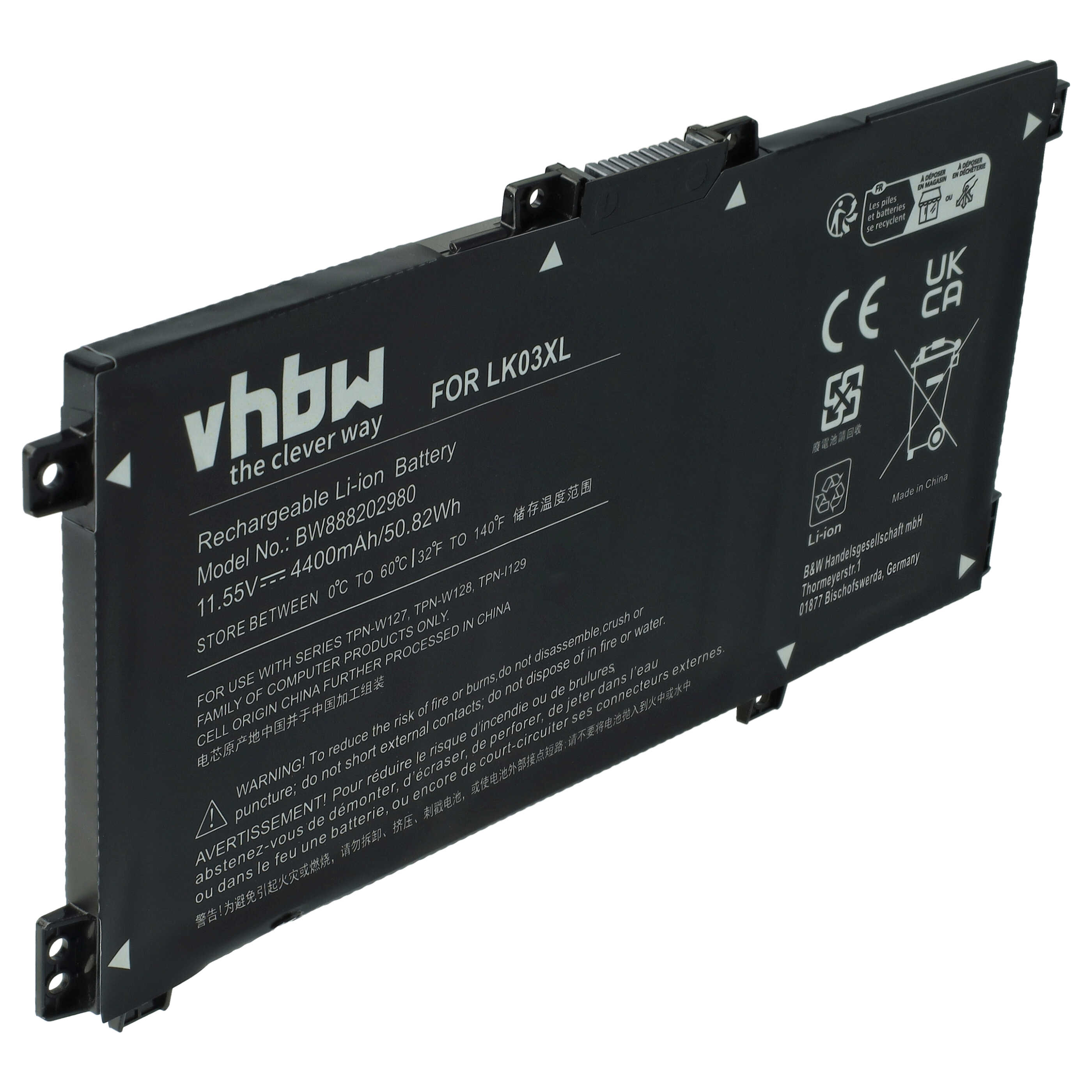 Schwarzer vhbw Laptop-Akku mit technischen Daten und Warnhinweisen.