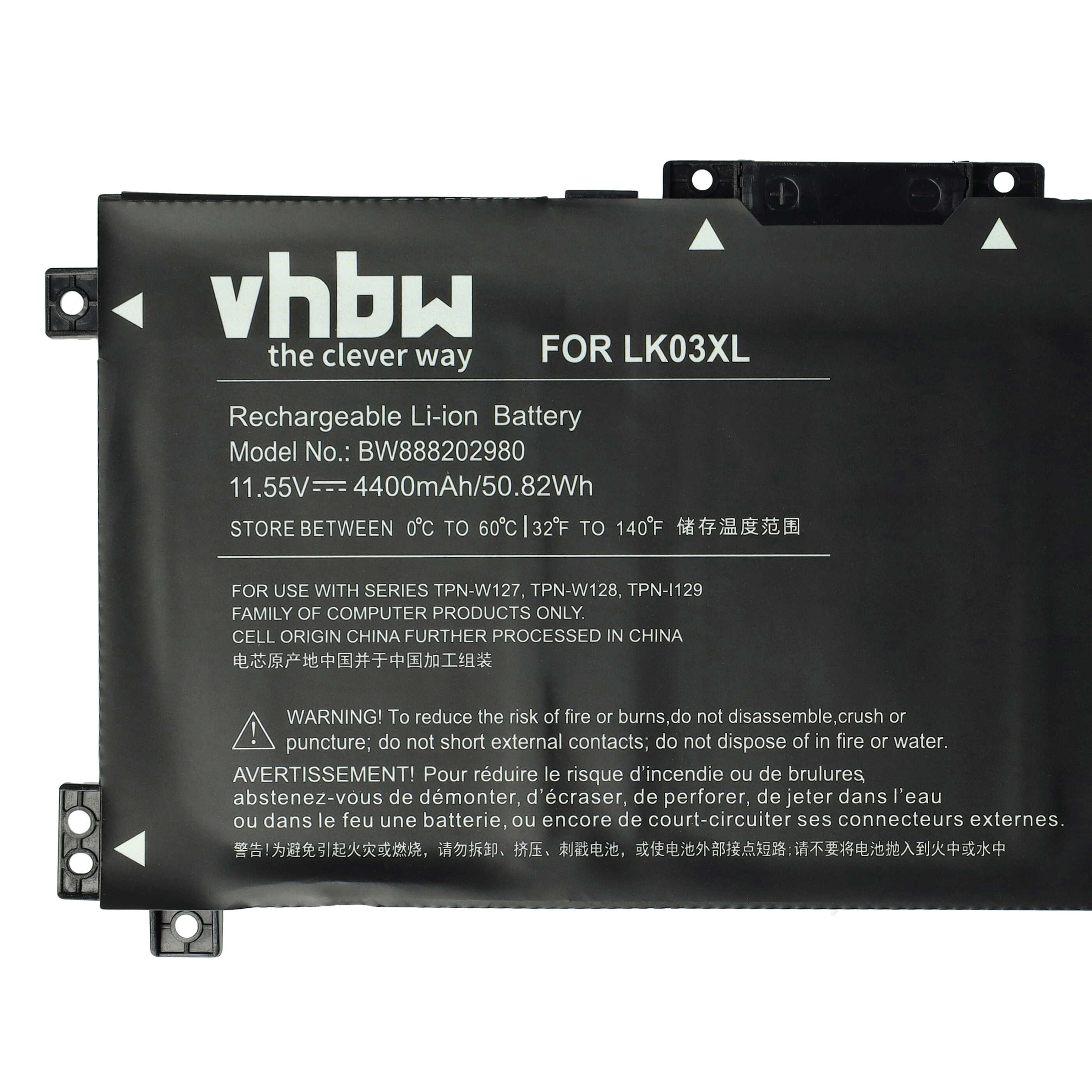 Schwarzer Li-Ionen-Akku mit weißer Aufschrift "vhbw FOR LK03XL" und Sicherheitshinweisen.