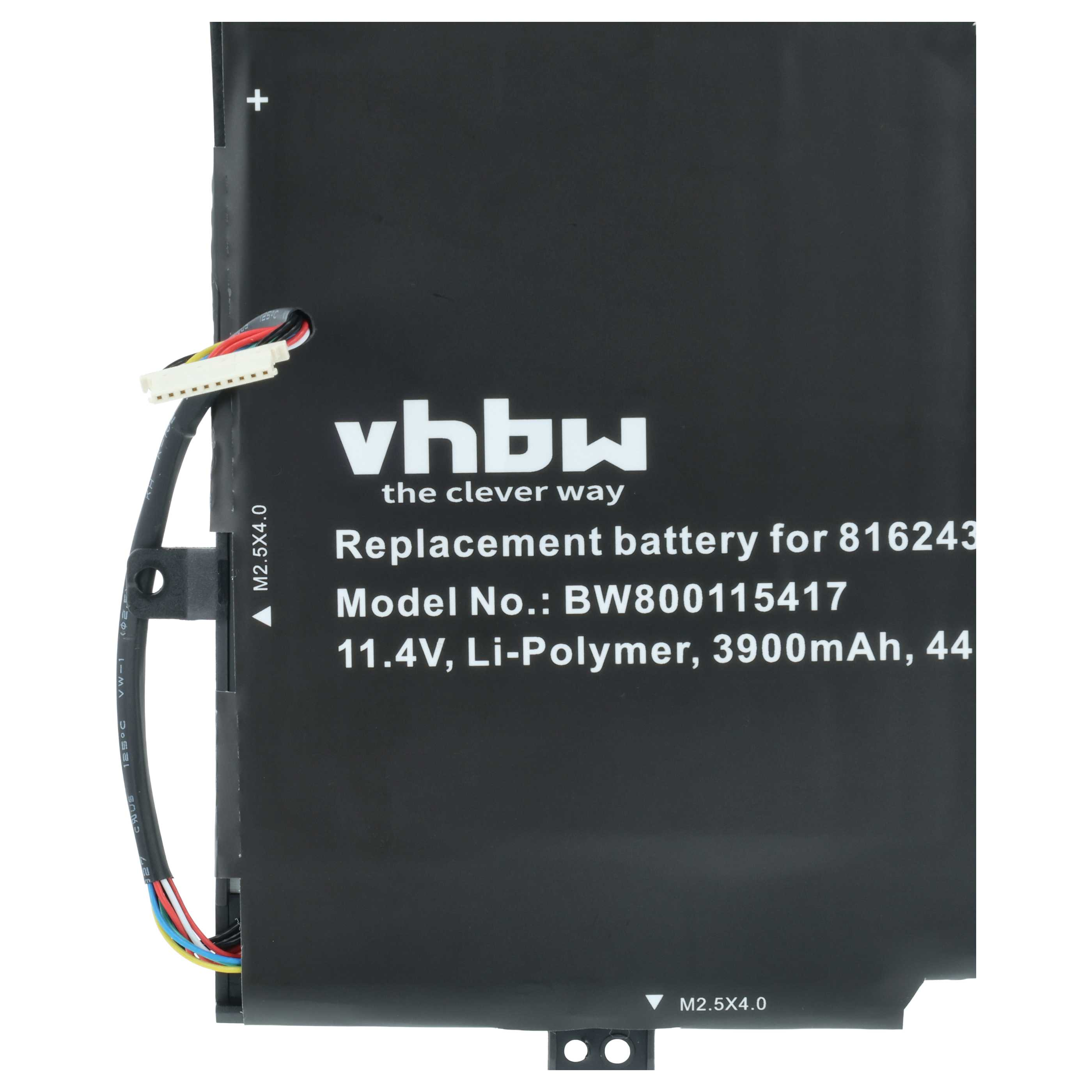 Schwarzer VHBW Akku mit weißem Text, Kabeln und Stecker vor weißem Hintergrund.