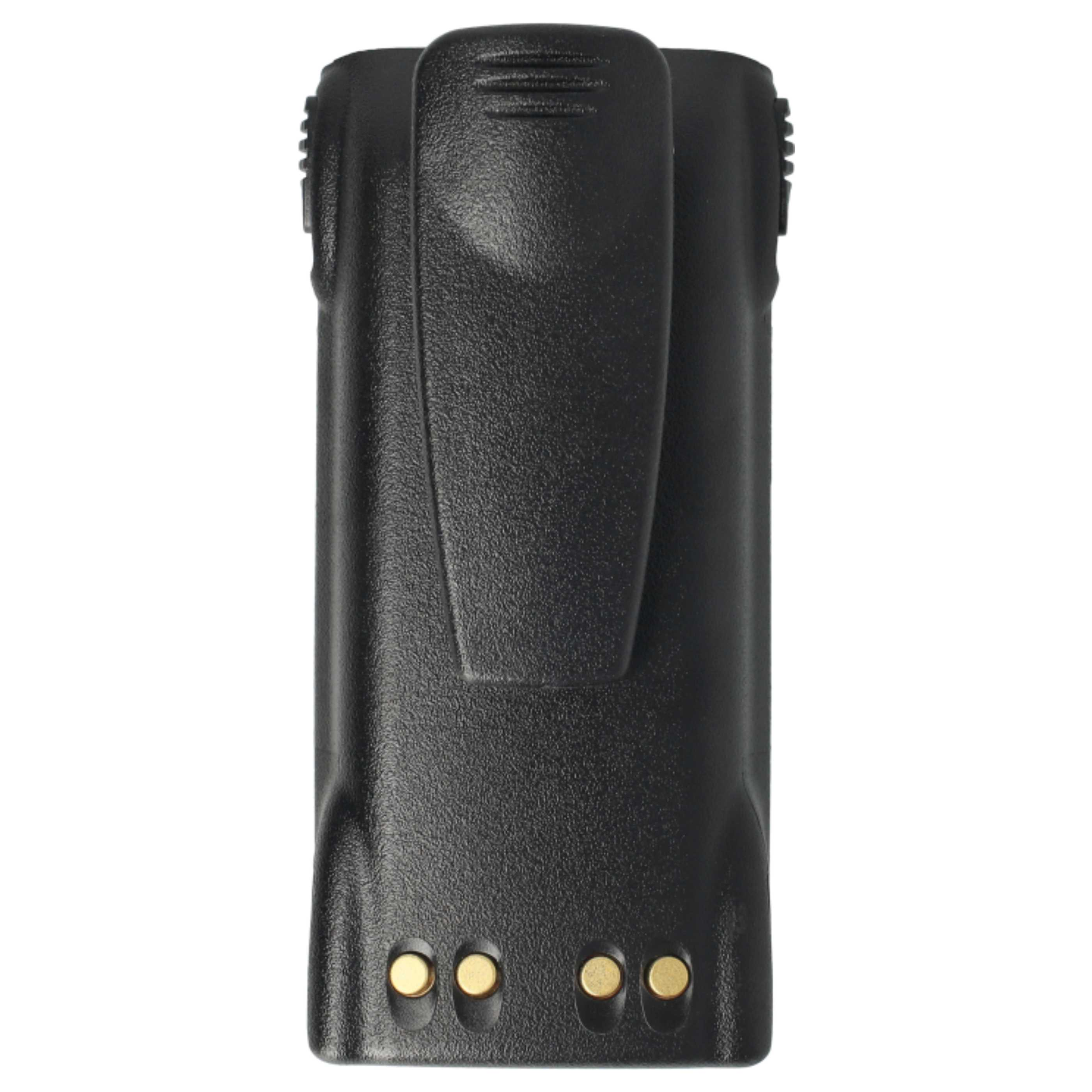 Schwarze Funkgerätsbatterie mit Güteclip und vier goldenen Kontakten.