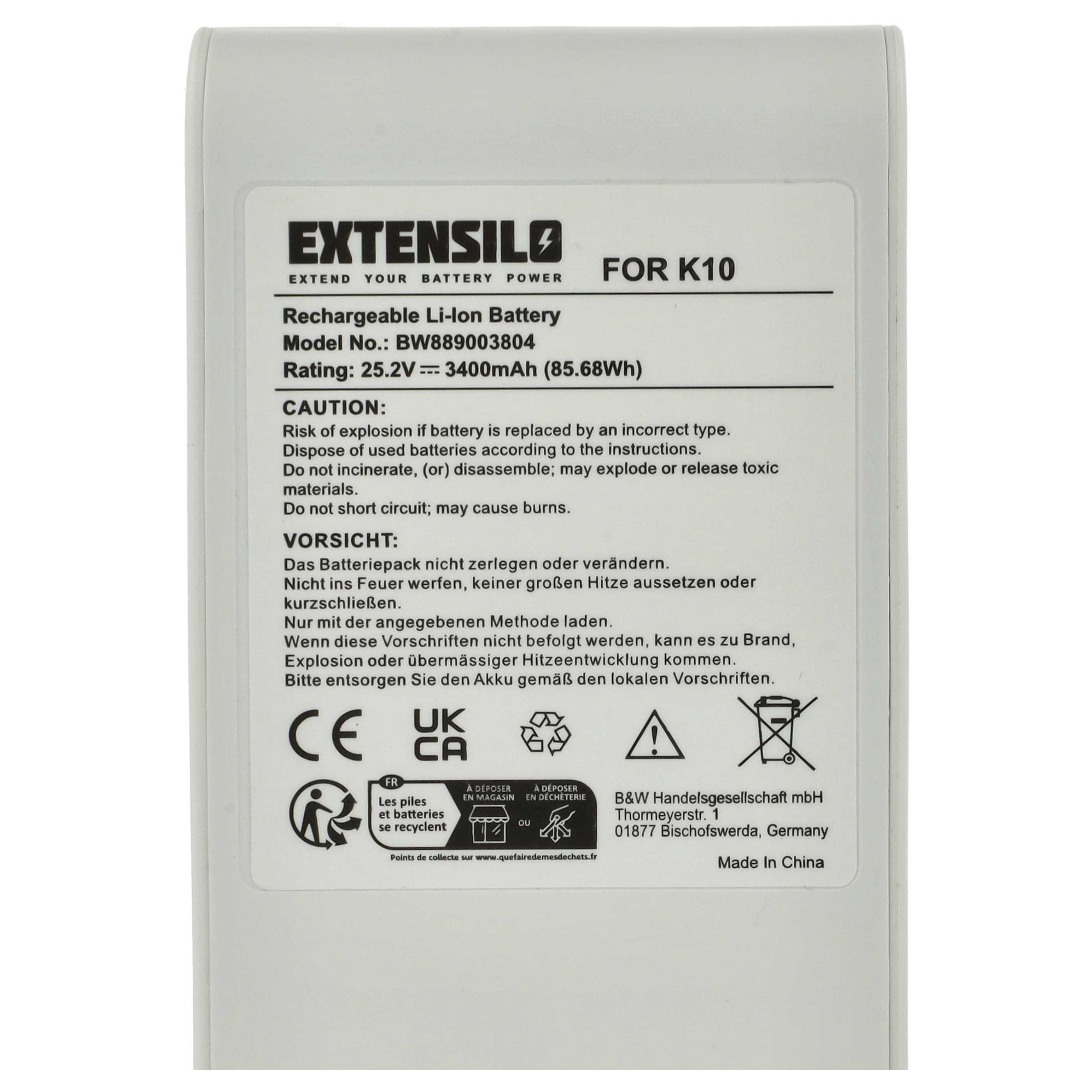 Extensilo Li-Ionen-Akku mit Sicherheits- und Entsorgungshinweisen sowie Herstellerangaben.