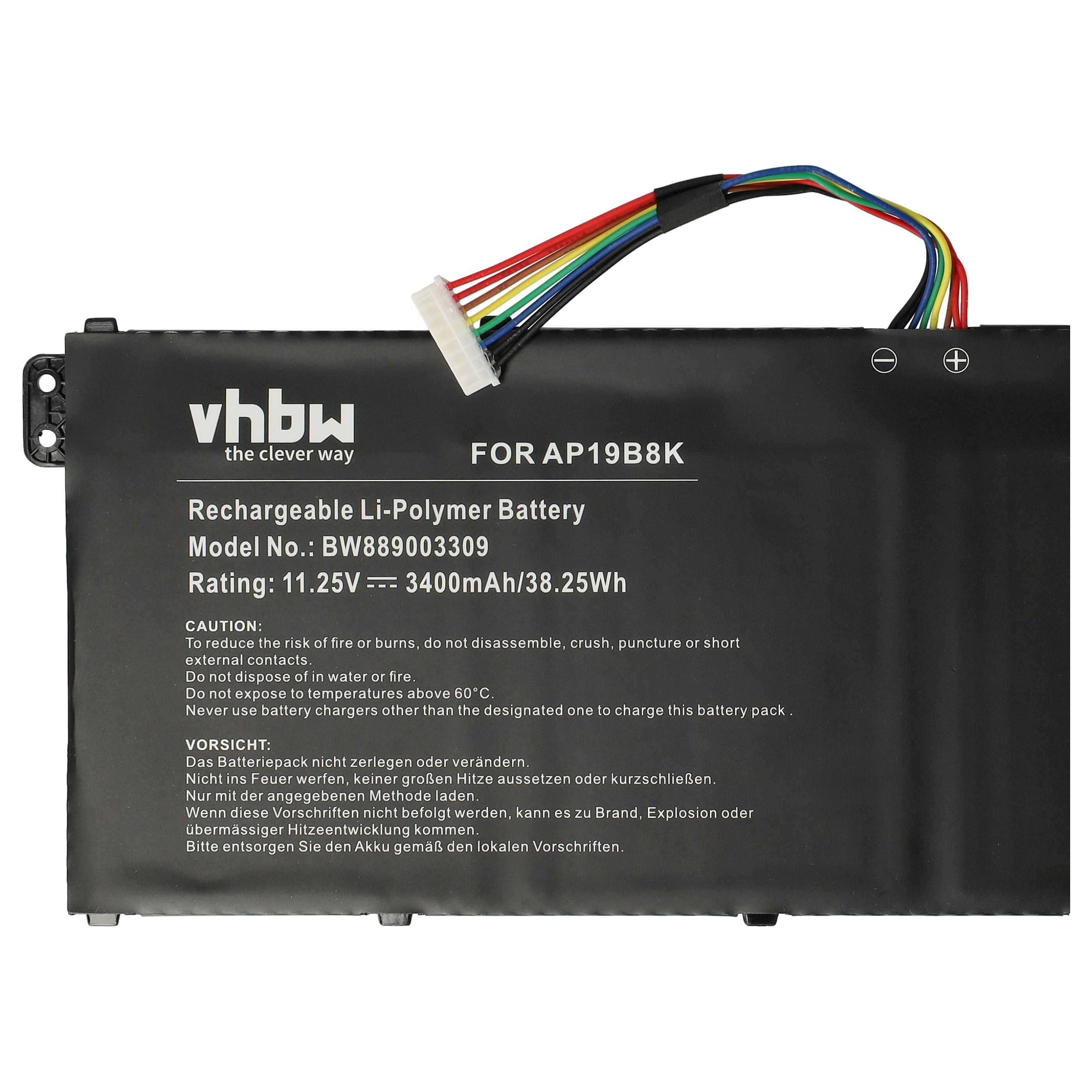 Ein schwarzer vhbw Li-Polymer-Akku mit weißem Stecker und mehrfarbigen Kabeln.