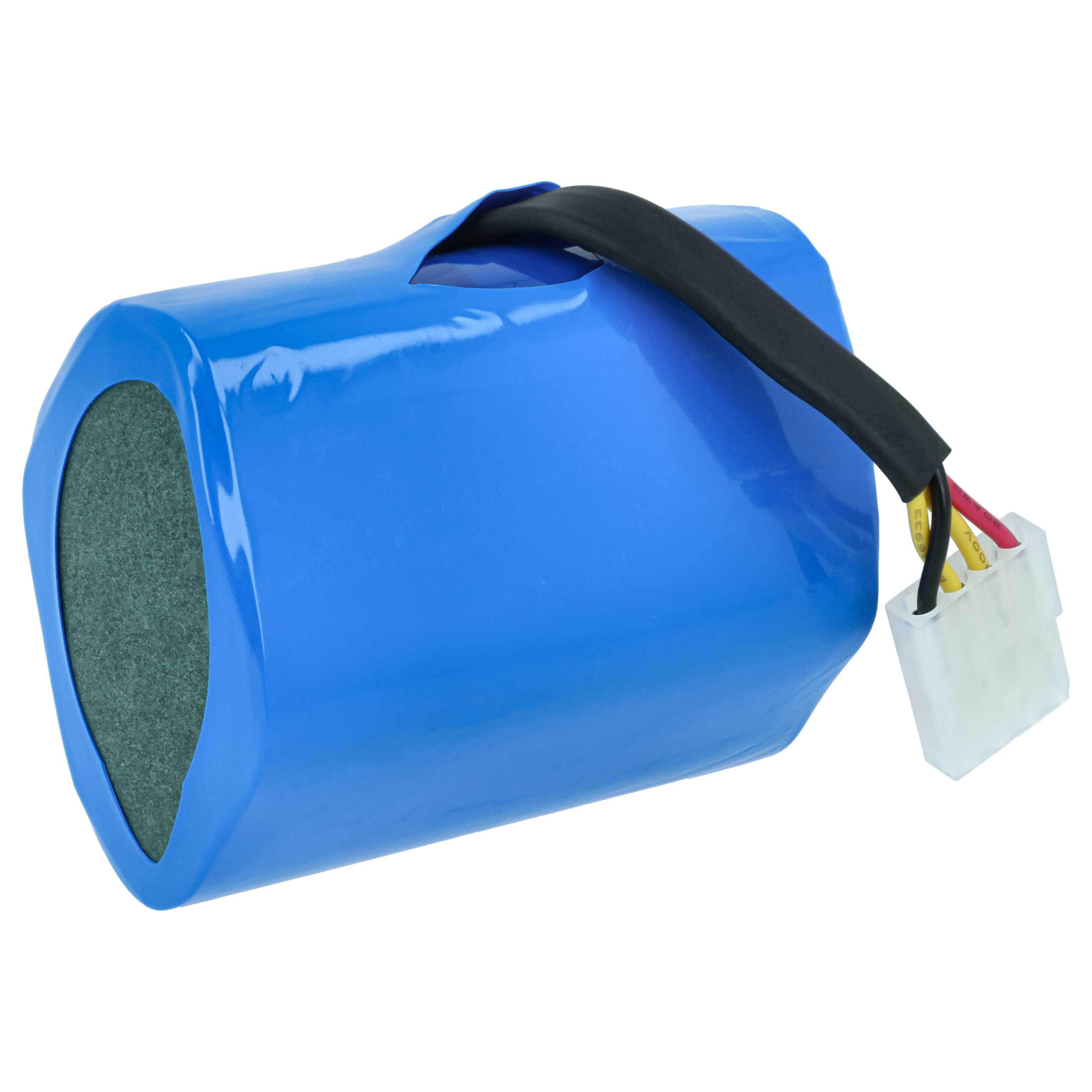 Ein blauer Akku mit schwarzem Kabel und weißem Stecker auf weißem Hintergrund.