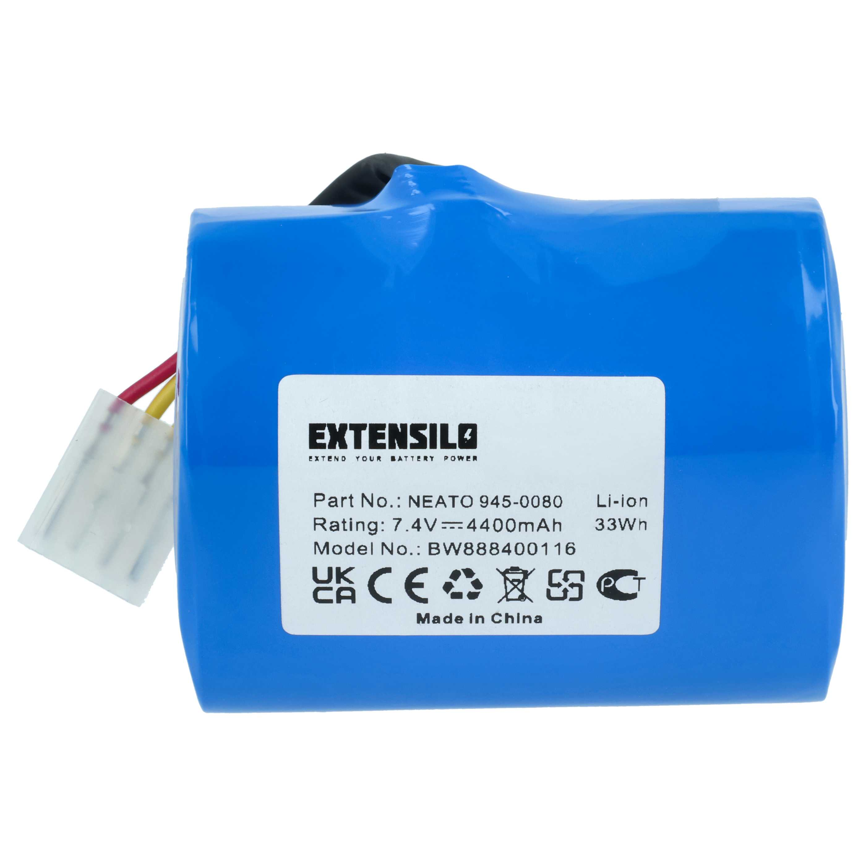 Blaue Li-Ionen-Akkubatterie mit weißem Extensilo-Aufkleber und roten, gelben sowie schwarzen Kabeln mit weißem Stecker.